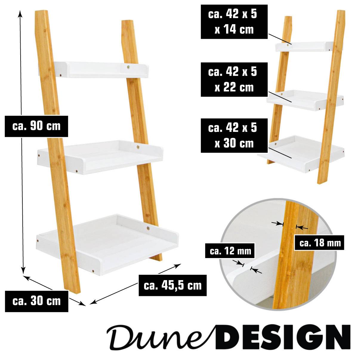 3 Fächer Bambus Leiterregal - 45x90 Badezimmer Regal Holz Leiter Deko Treppe Bad