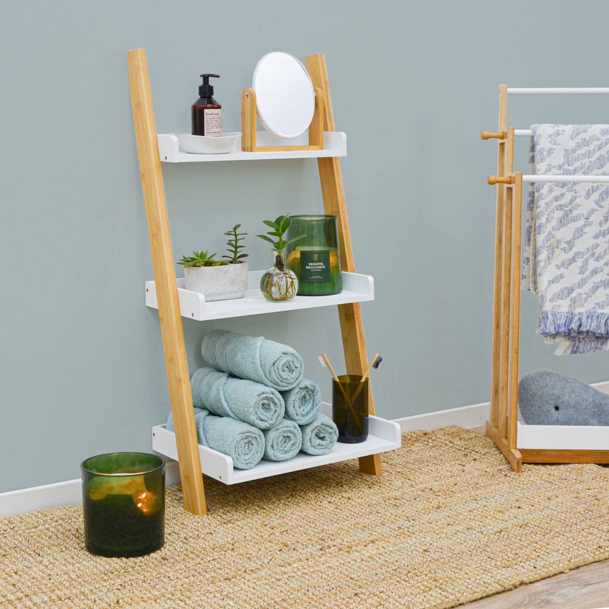 3 Fächer Bambus Leiterregal - 45x90 Badezimmer Regal Holz Leiter Deko Treppe Bad