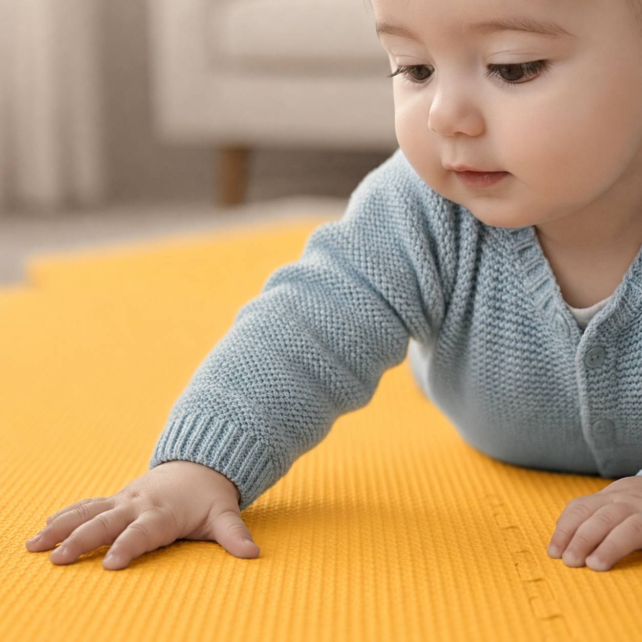 Ein Baby in einem blauen Pullover krabbelt auf einer gelben Matte und streckt eine Hand nach vorne aus.