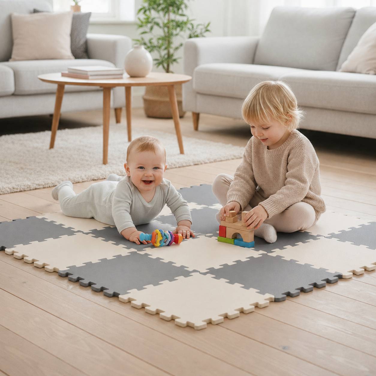 Zwei kleine Kinder spielen auf einer Schaumstoffmatte im Wohnzimmer; eines liegt lächelnd mit einem Spielzeug, das andere sitzt und stapelt Bausteine.