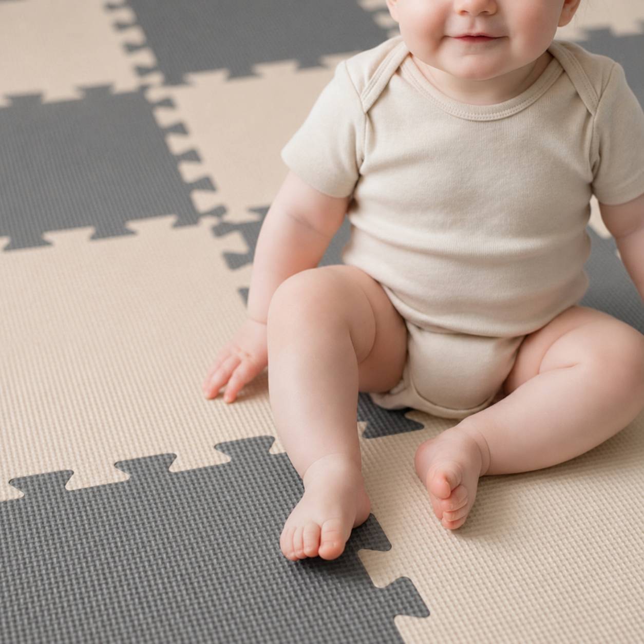 Baby sitzt auf verschlungenen Schaumstoff-Spielmatten und trägt einen beigen Strampler.