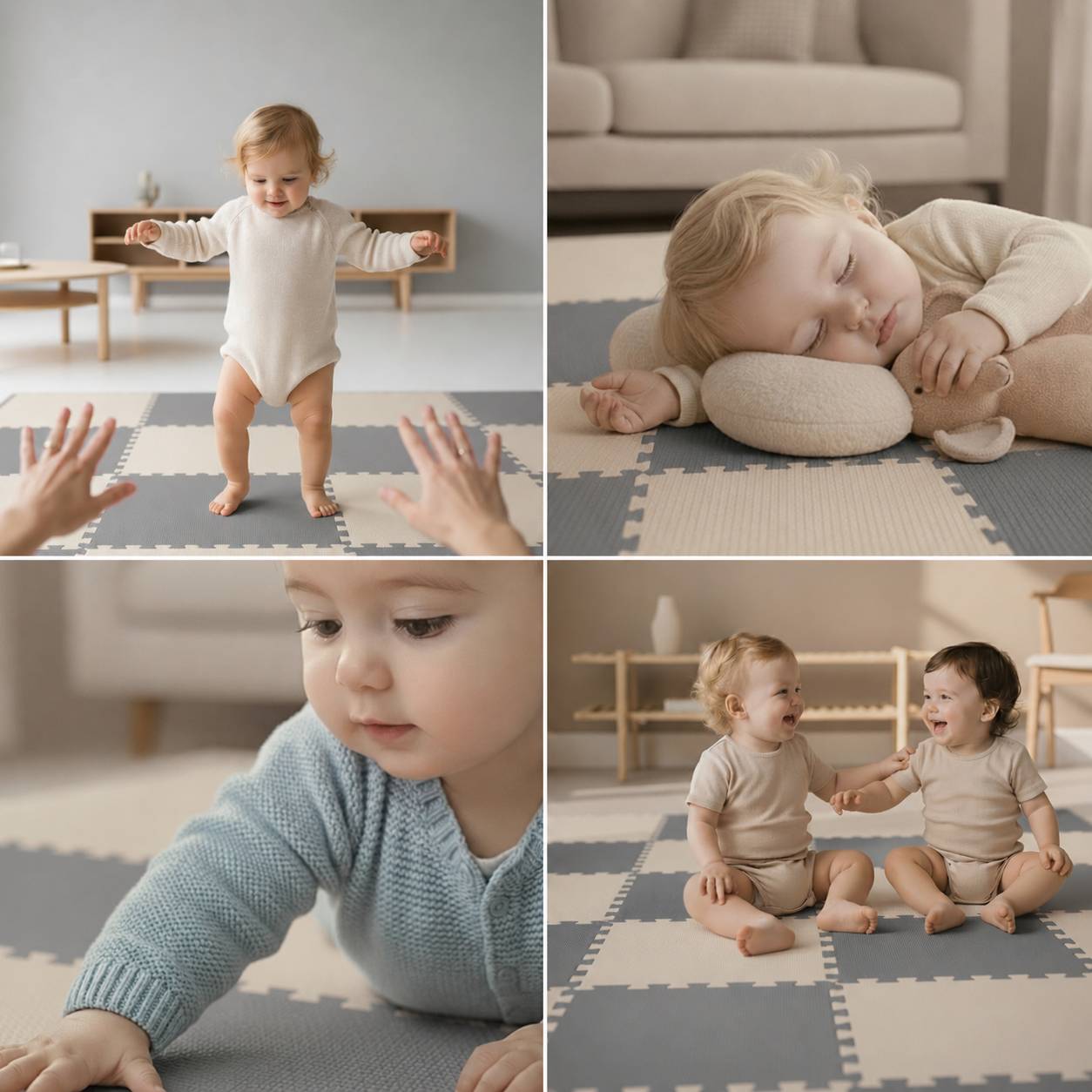 Vierteilige Collage von Kleinkindern auf einer Schaumstoff-Spielmatte: beim Gehen mit Unterstützung, beim Schlafen, beim Greifen und beim gemeinsamen Sitzen im Spielzimmer.