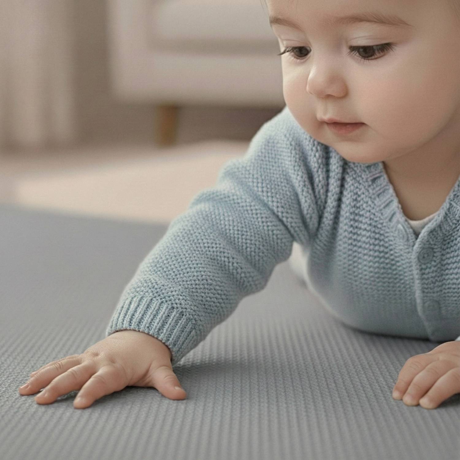 Ein Baby in einem hellblauen Pullover streckt sich neugierig auf einer weichen, hellgrauen Matte in einer gemütlichen Wohnzimmeratmosphäre vor.
