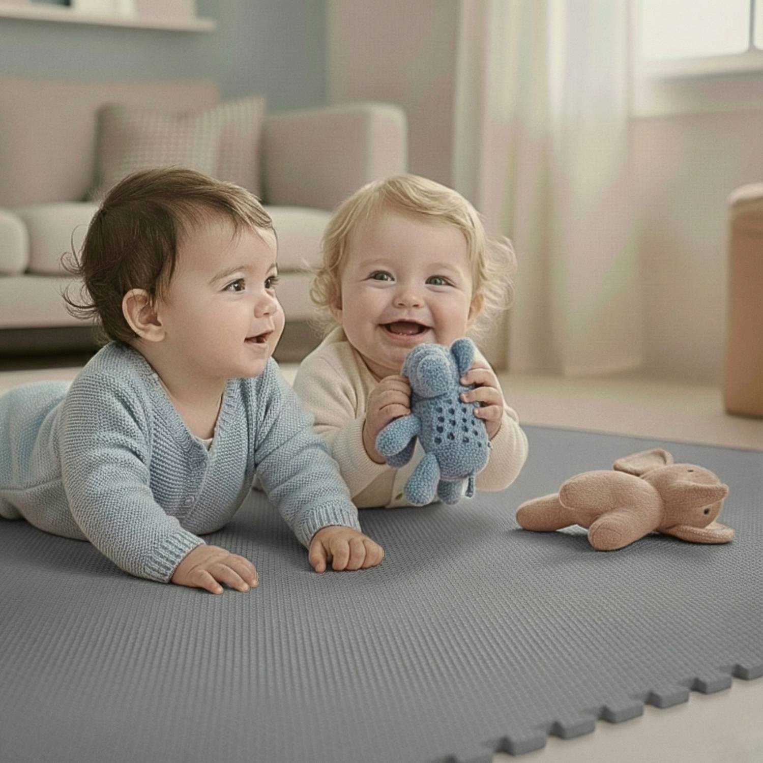 Zwei Kleinkinder in einem gemütlichen Raum, eines hält ein blaues gestricktes Spielzeug, das andere einen braunen Stoffbären.