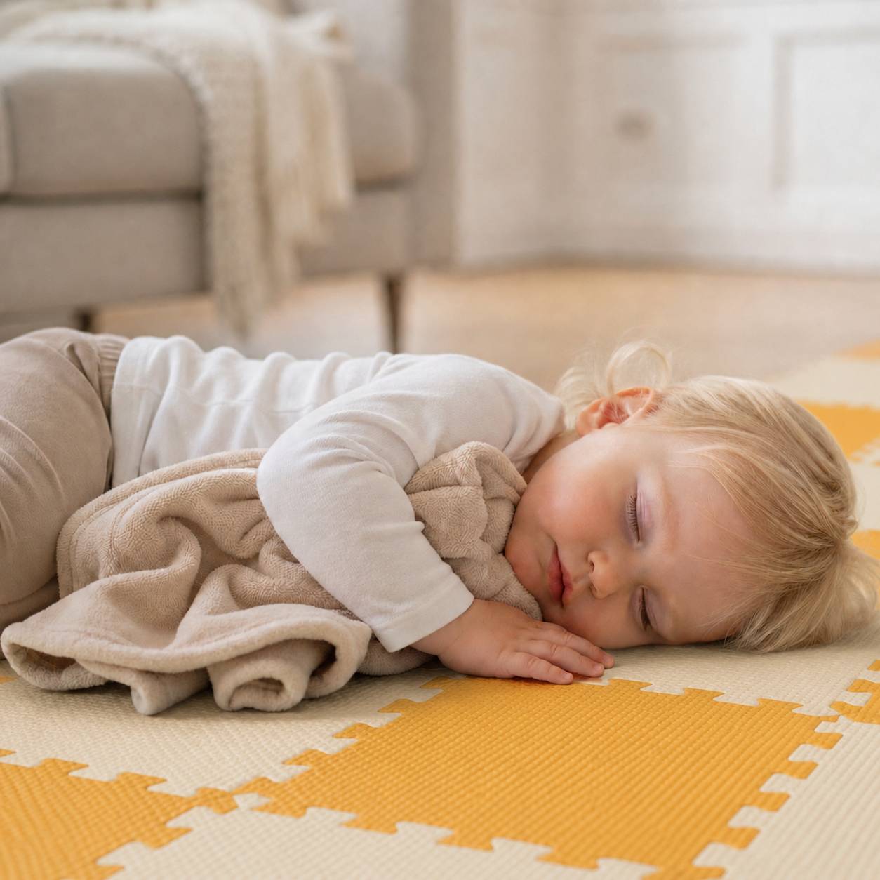Ein schlafendes Kleinkind liegt auf einer gelb-weiß gestreiften Schaumstoffmatte, umarmt eine beige Decke in einem sanft beleuchteten Wohnzimmer.