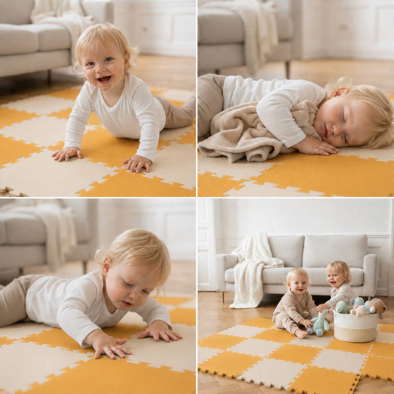 Collage eines blonden Babys/Kleinkindes auf einer orange-cremefarbenen Schaumstoff-Spielmatte, das krabbelt, schläft, greift und sitzt mit Kuscheltieren im Wohnzimmer.