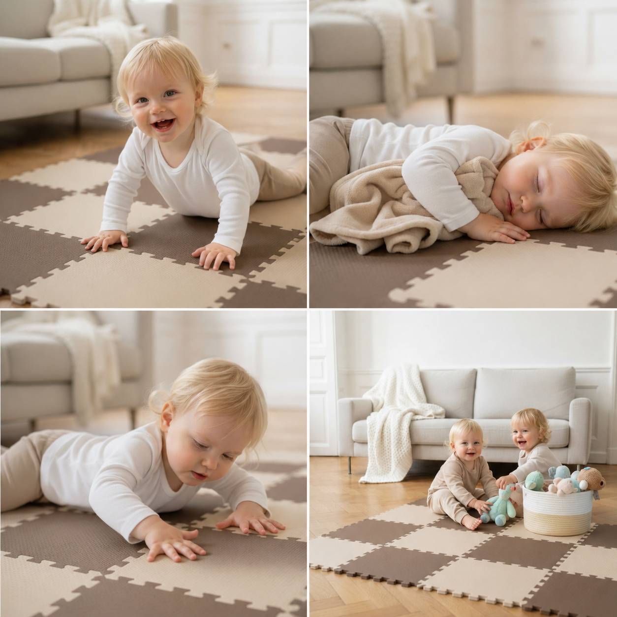 Ein vierpaneliges Collage eines lächelnden Babys auf einer Schaumstoff-Spielmatte, das krabbelt, schläft und neben einem Sofa in einem hellen Wohnzimmer mit Spielzeugen spielt.