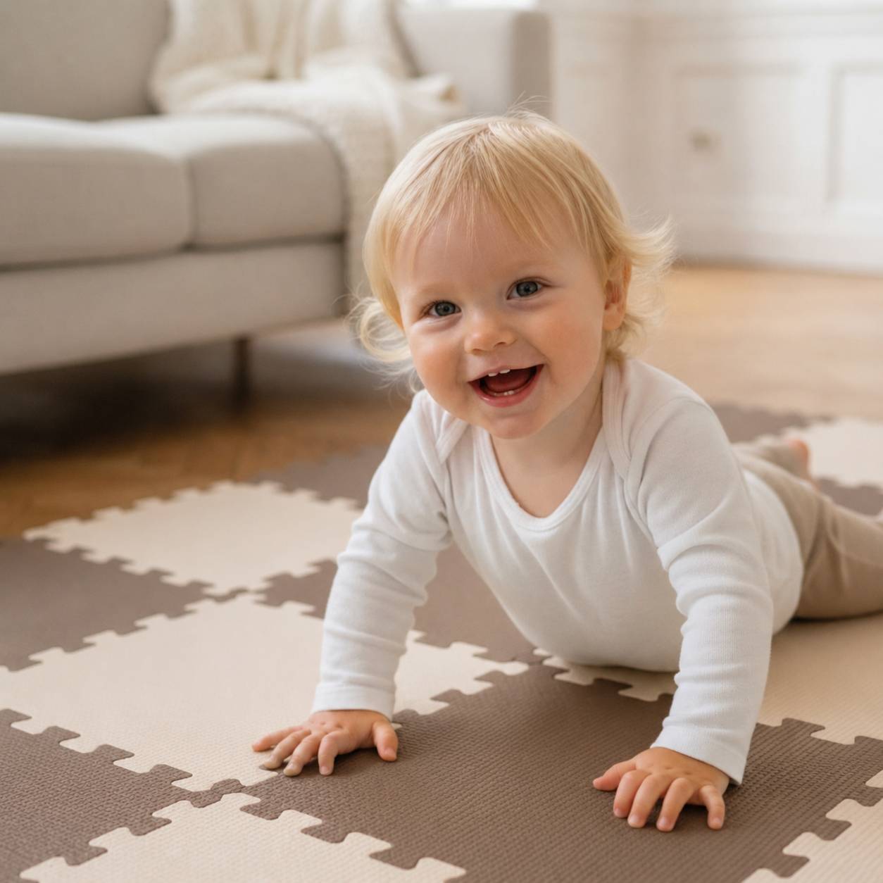 Lächelndes Baby krabbelt auf einer Schaumstoff-Spielmatte in einem hellen Wohnzimmer.