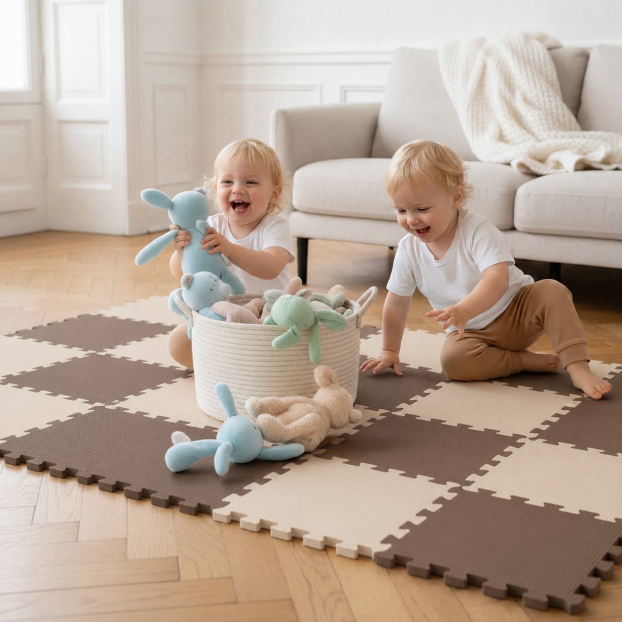 Zwei Kleinkinder spielen mit Kuscheltieren neben einem Spielzeugkorb auf einer Schaumstoff-Puzzlematte in einem hellen Wohnzimmer.