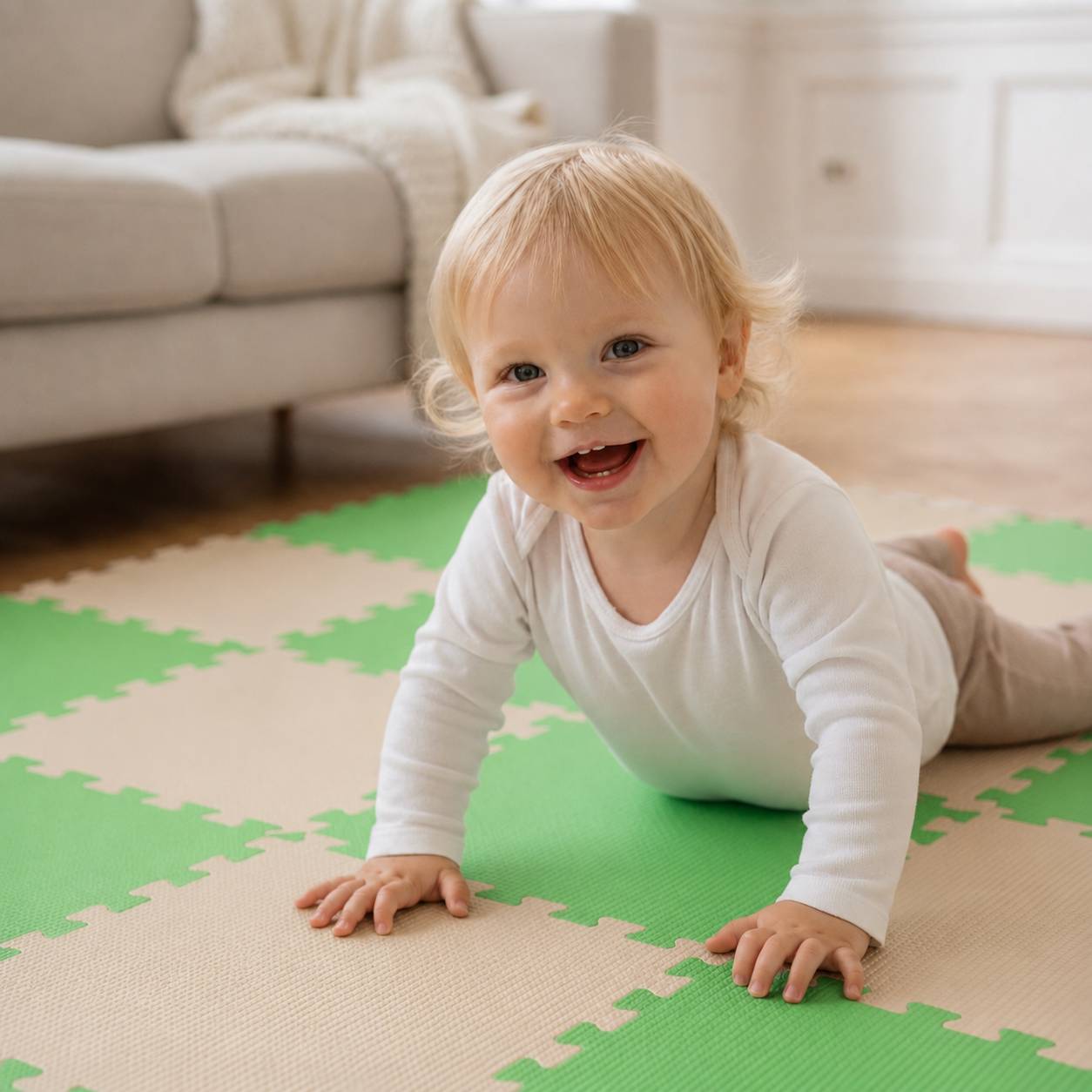 Lächelndes Baby, das auf einer grün und beige gefärbten Schaumstoff-Spielmatte im Wohnzimmer kriecht.