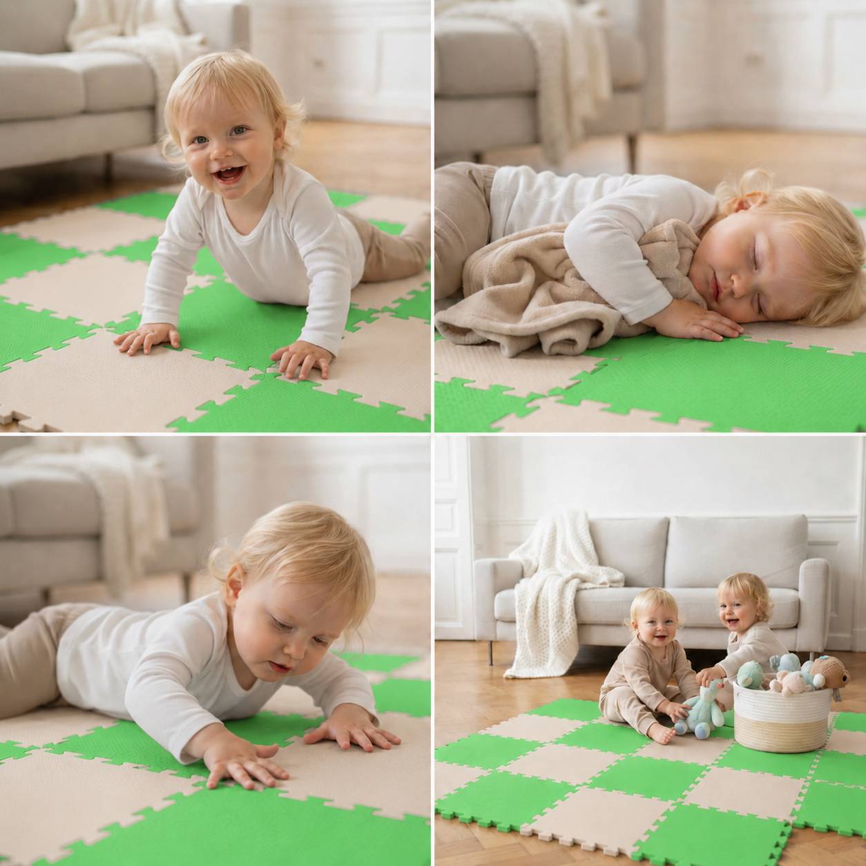 Vierteiliges Foto eines blonden Kleinkindes auf grün-beigen Schaumstoff-Spielmatten in einem Wohnzimmer, das krabbelt, schläft, greift und mit einem anderen Kind sitzt.