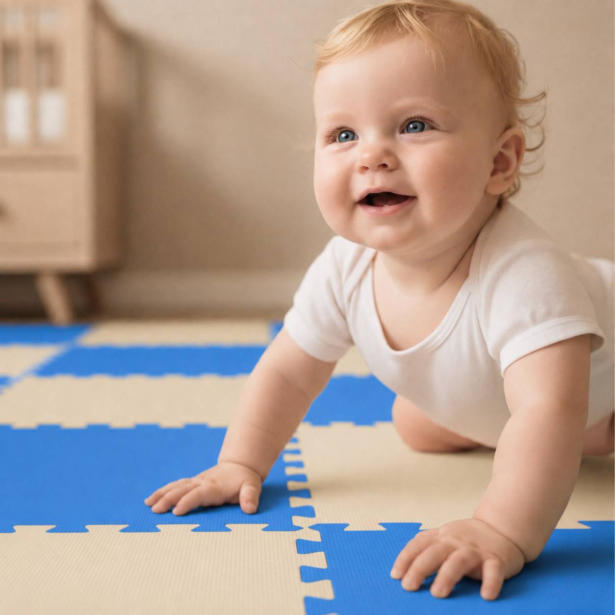 Ein lächelndes Baby krabbelt auf einer blau-beige Schaumstoff-Spielmatte drinnen.