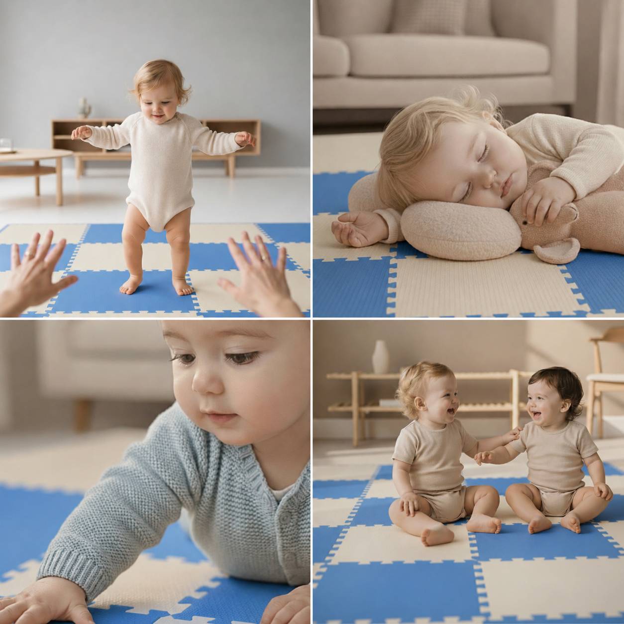 Vier Fotos zeigen ein Kleinkindes, das Laufen lernt, auf einem Kissen schläft, auf Schaumstoffmatten krabbelt und mit einem anderen Baby sitzt.