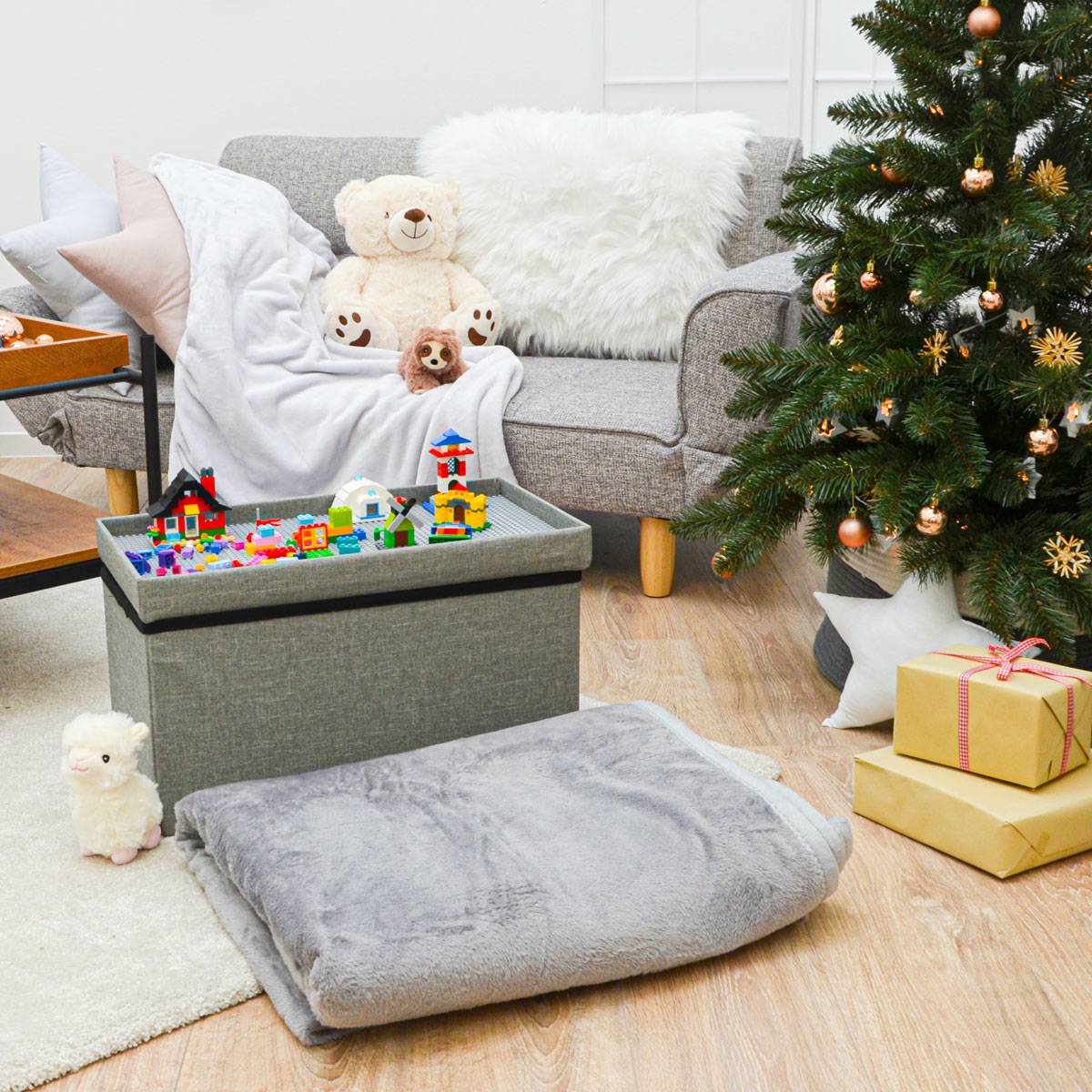 Kinder Aufbewahrungsbox mit Bauplatte - 53x27x30 Sitzbank - Baustein Spieltisch