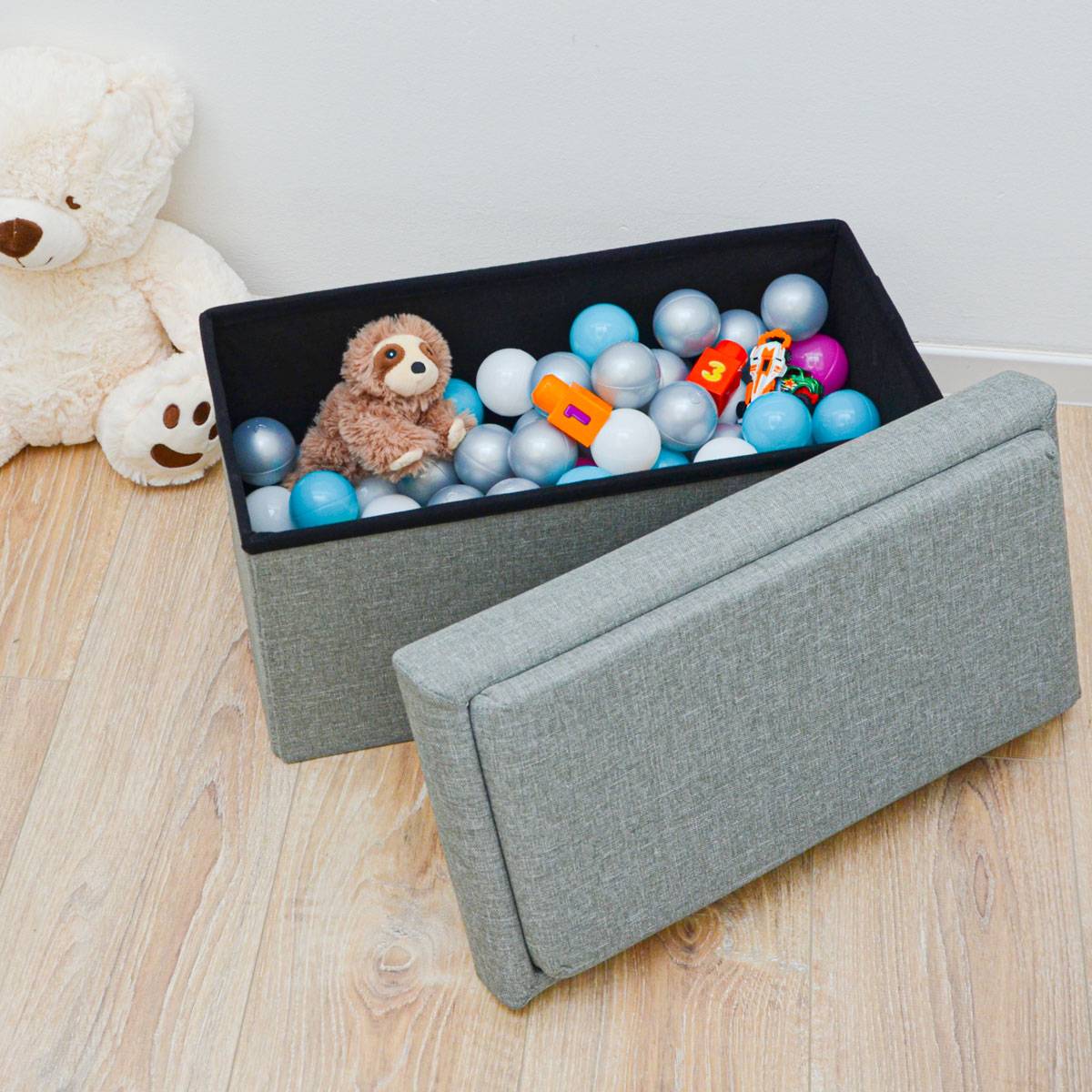 Kinder Aufbewahrungsbox mit Bauplatte - 53x27x30 Sitzbank - Baustein Spieltisch