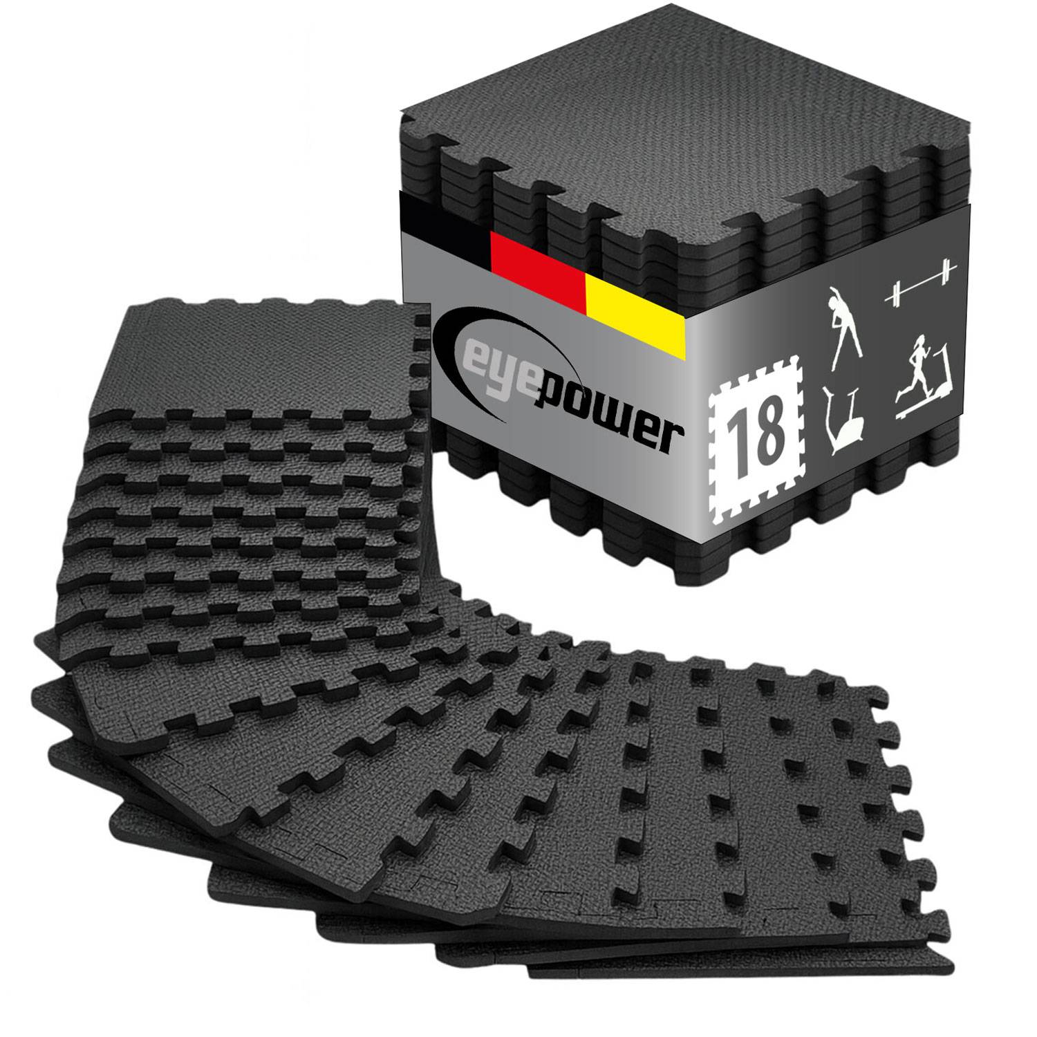 18 Puzzlematten Bodenschutz Fitness - 30x30 Schwarz - Sport Bodenmatte Home Gym