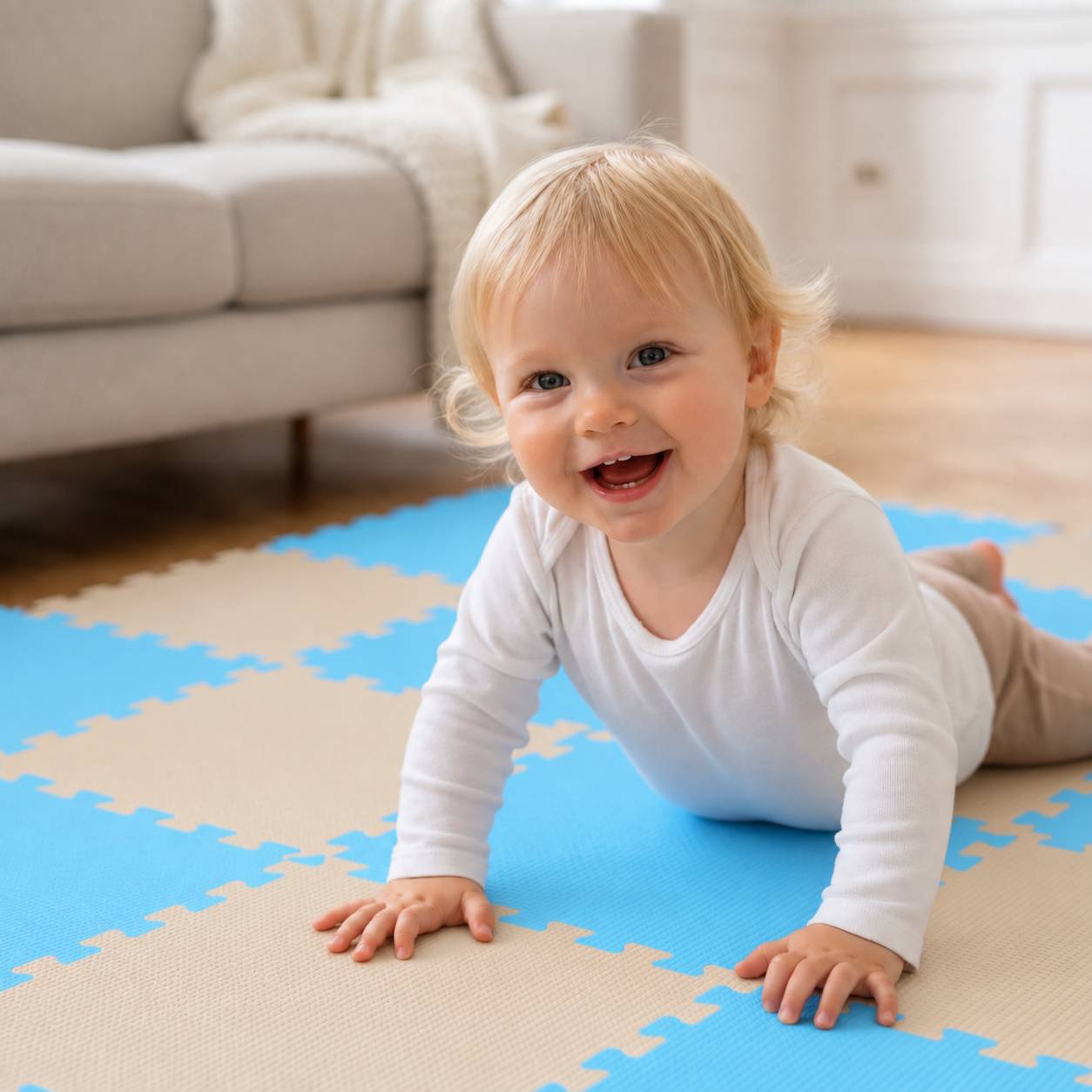 Ein lächelndes Baby krabbelt auf einer blau-beigen Schaumstoff-Spielmatte in einem hellen Wohnzimmer.