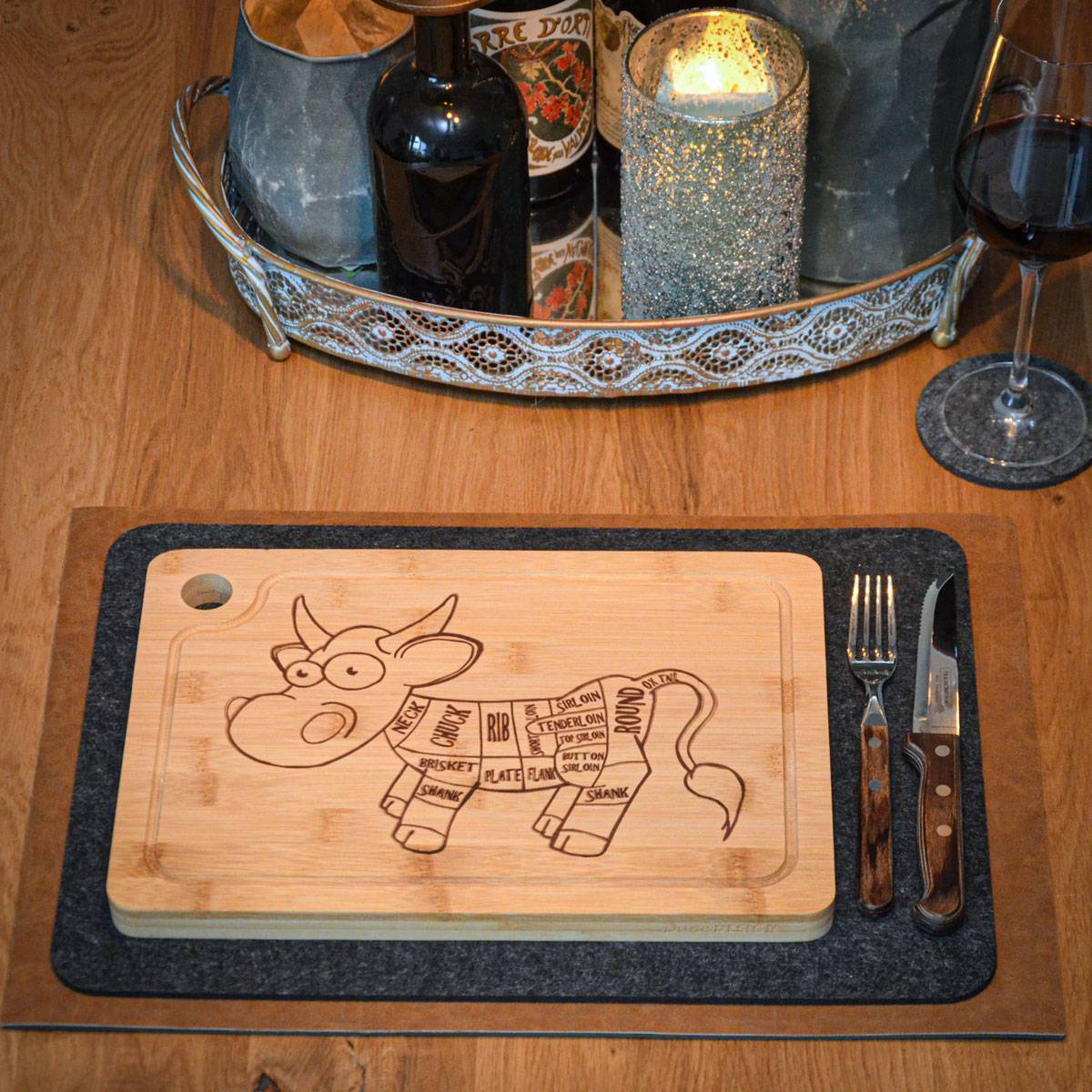 2x Massives Schneidebrett mit Saftrille 33x23cm - 20mm Bio Bambus Holzbrett Kuh