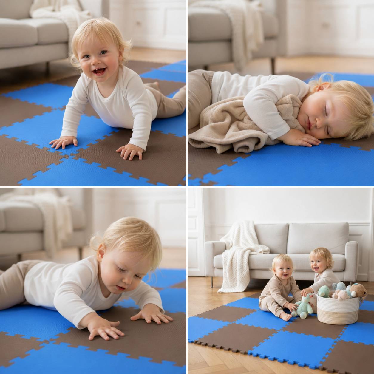Vier Fotos zeigen ein blondes Kleinkind, das auf blau-braunen Schaumstoffmatten spielt, dann schläft, krabbelt und mit Spielzeug in einem hellen Wohnzimmer sitzt.