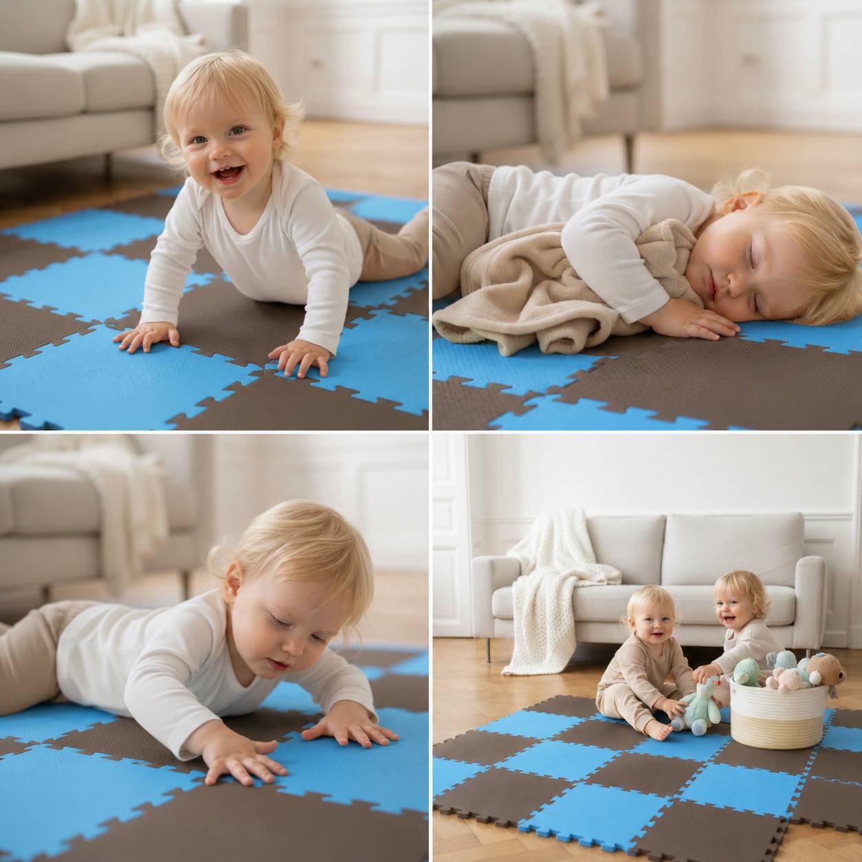 Vierteiliges Foto eines blonden Babys auf einer blau-braunen Schaumstoffmatte in einem Wohnzimmer, das krabbelt, schläft, greift und neben einem zweiten Kind mit Spielzeugen spielt.
