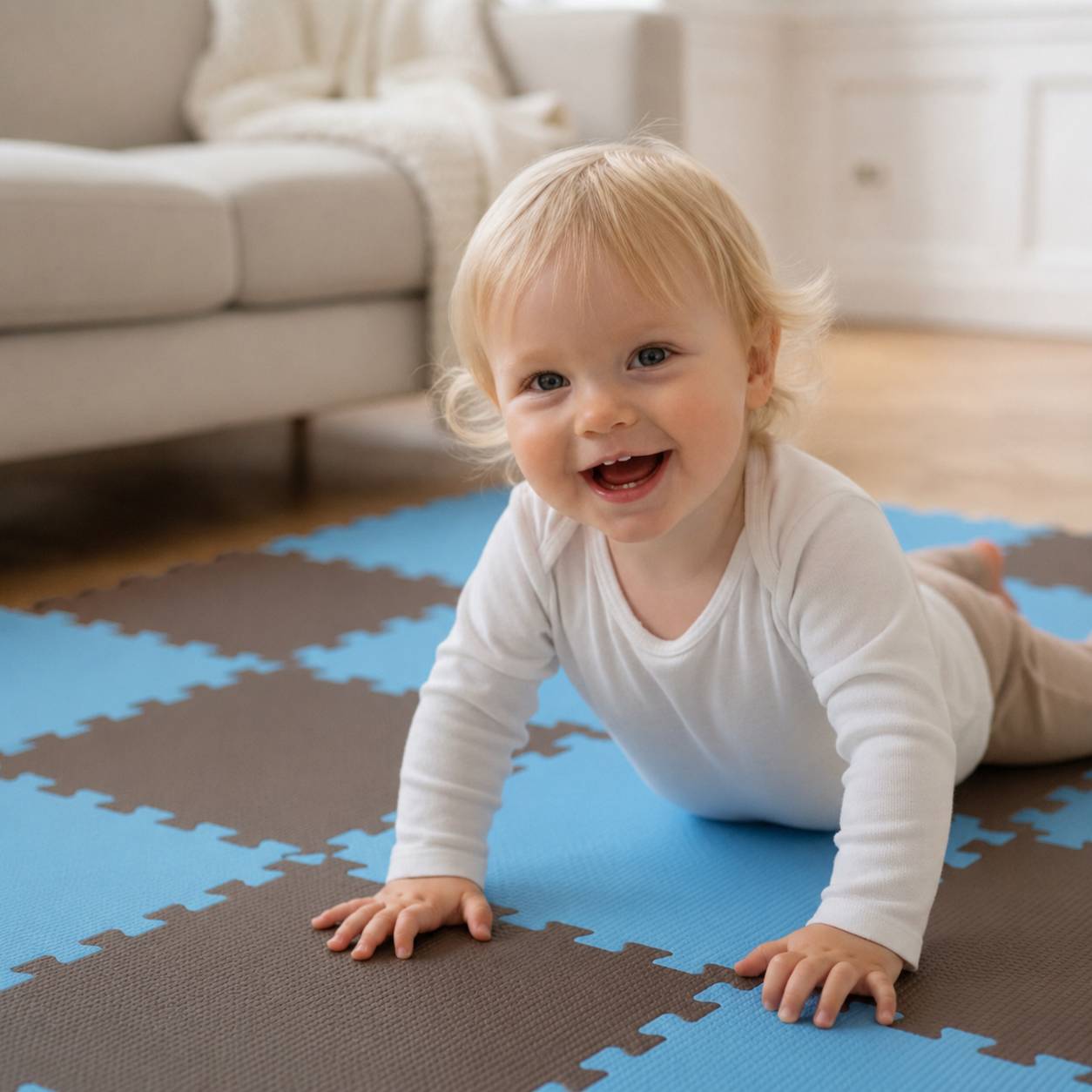 Ein lachendes Baby, das auf einer blau-braunen Schaumstoff-Spielmatte in einem hellen Wohnzimmer kriecht.