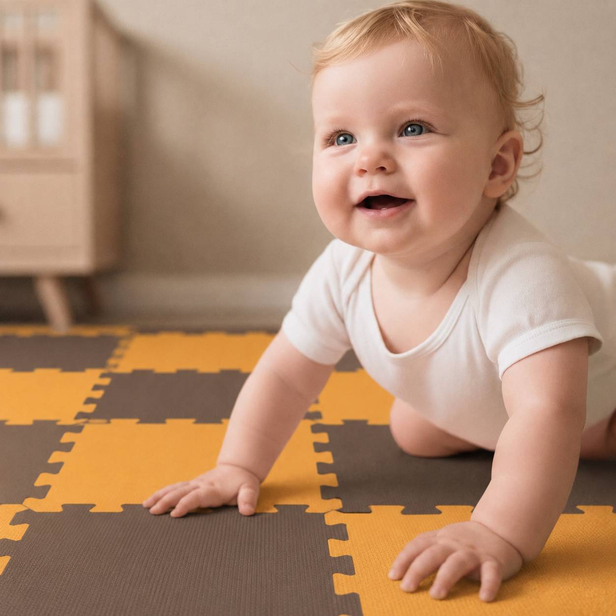 Ein lächelndes Baby in einem weißen Einteiler krabbelt auf einer gelb- und braunfarbigen Schaumstoffmatte im Innenbereich.