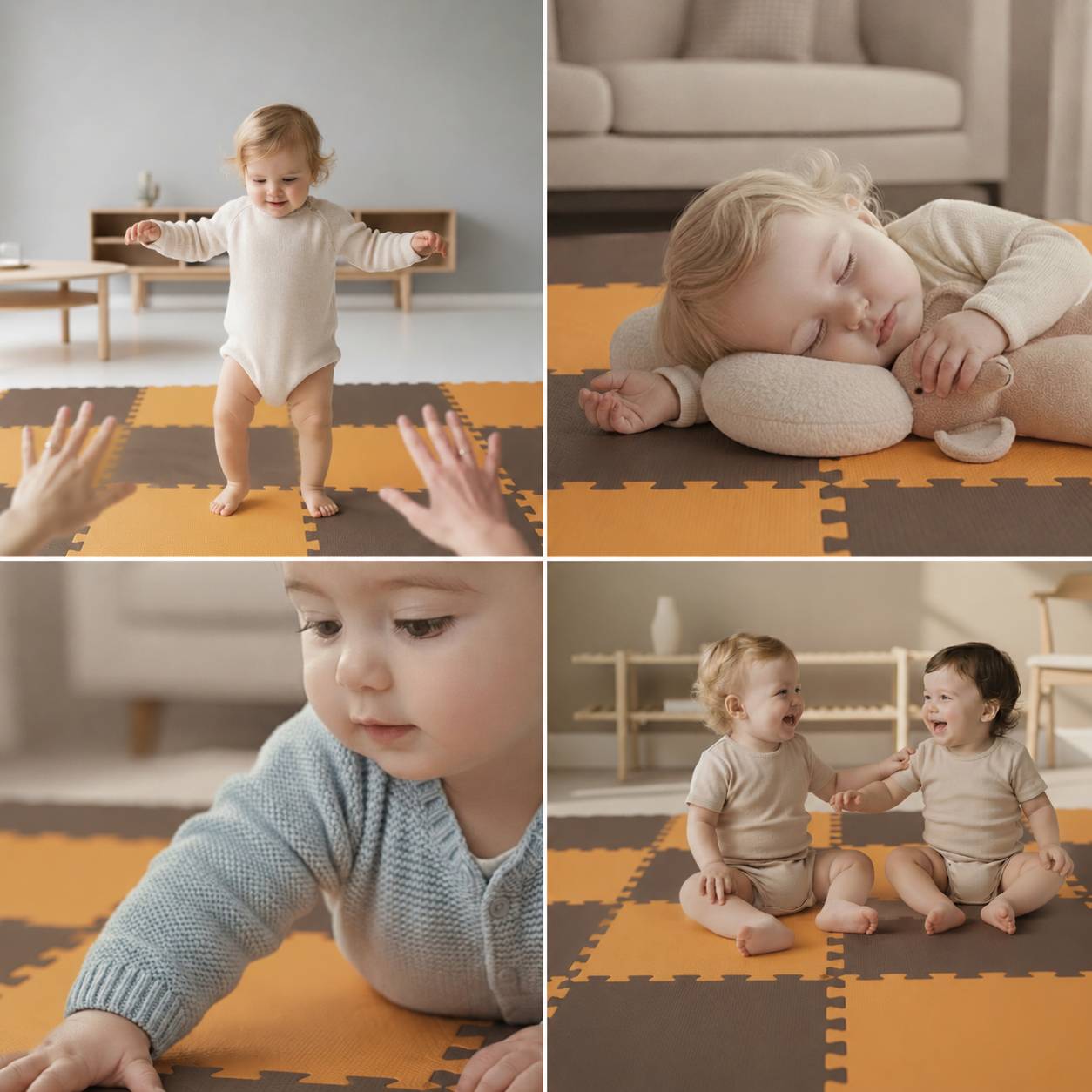 Collage von Babys, die auf orangefarbenen und braunen Schaumstoffmatten spielen und ruhen, einschließlich eines Kleinkindes, das laufen lernt, eines schlafenden Säuglings, einer Nahaufnahme eines Kindes, das greift, und zweier Kleinkinder, die zusammen lachen.