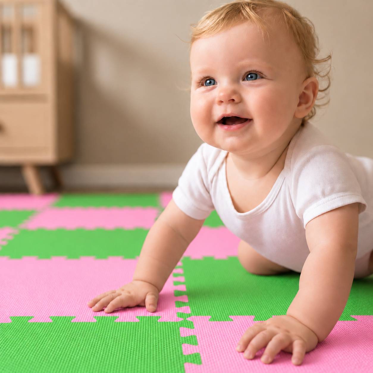 Lächelndes Baby krabbelt auf rosa und grünen Schaumstoff-Spielmatten in Innenräumen.