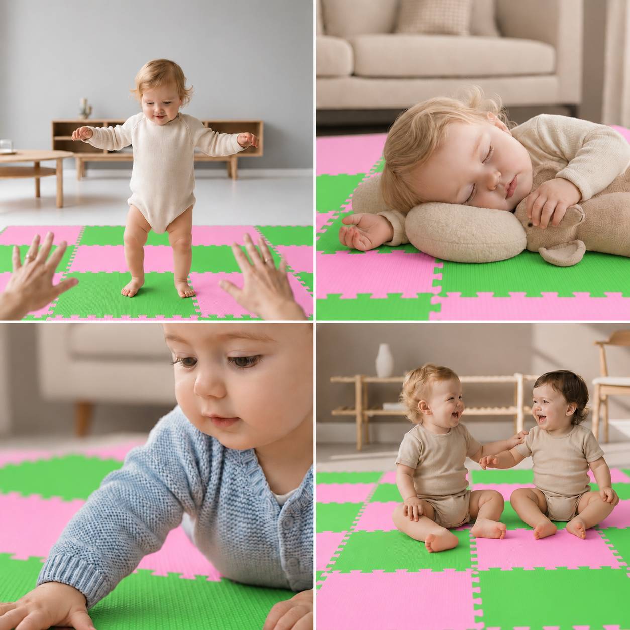 Vier Fotos von Babys auf weichen Schaumstoff-Spielmatten: ein Kleinkind, das erste Schritte macht, ein schlafendes Baby, ein Kind, das krabbelt, und zwei Kinder, die zusammen sitzen und spielen.