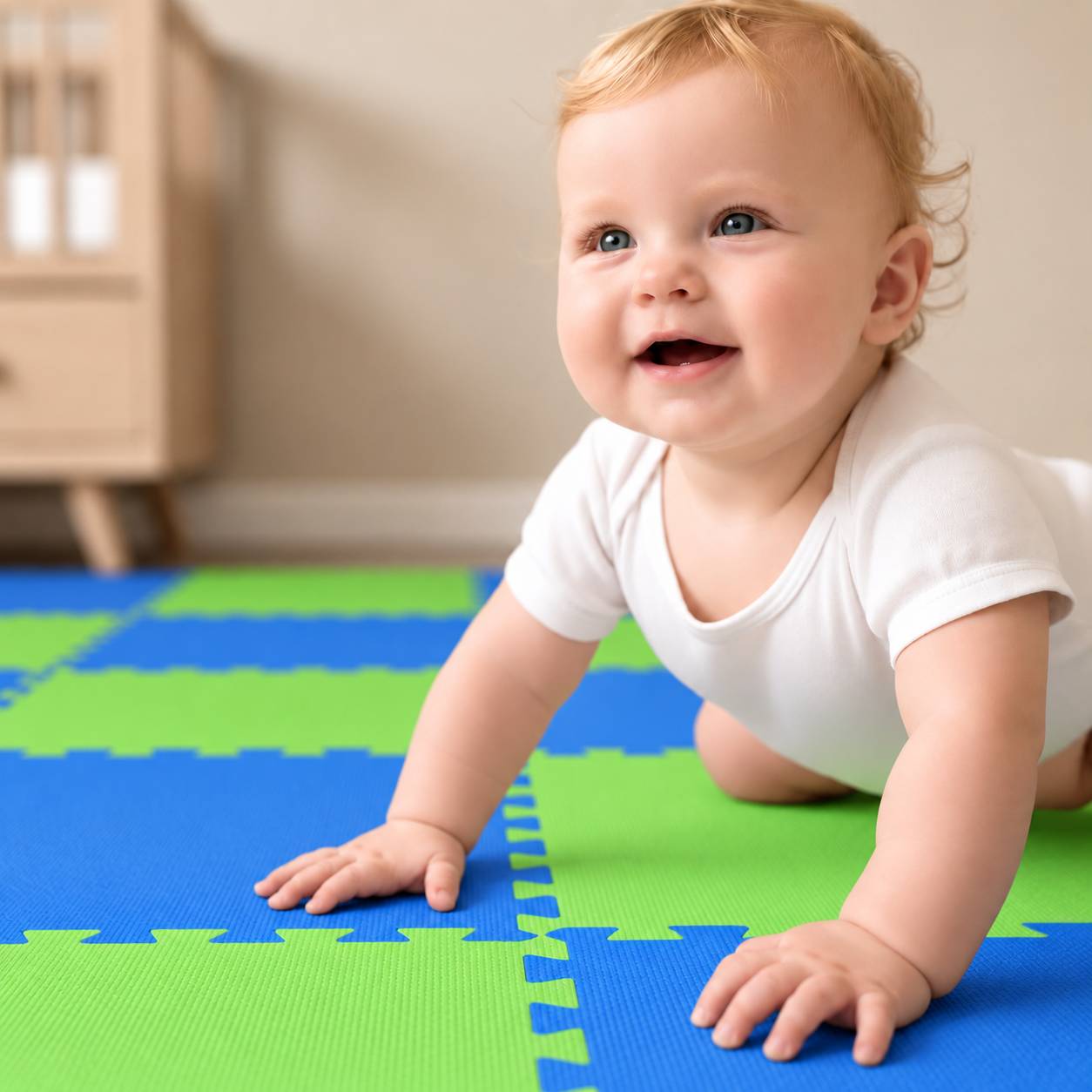 Ein lächelndes Baby, das auf einer blau und grünen Spielmatte im Innenbereich krabbelt.