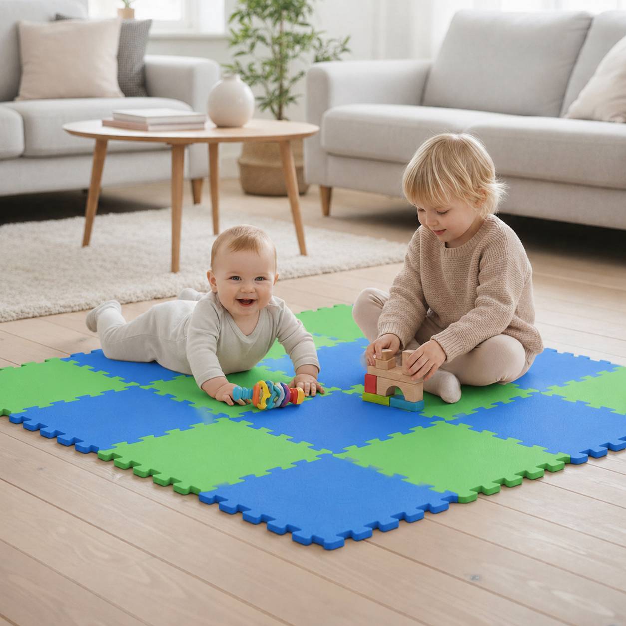 Zwei kleine Kinder spielen mit Spielzeug auf einer grün-blauen Schaumstoffmatte in einem hellen Wohnzimmer.