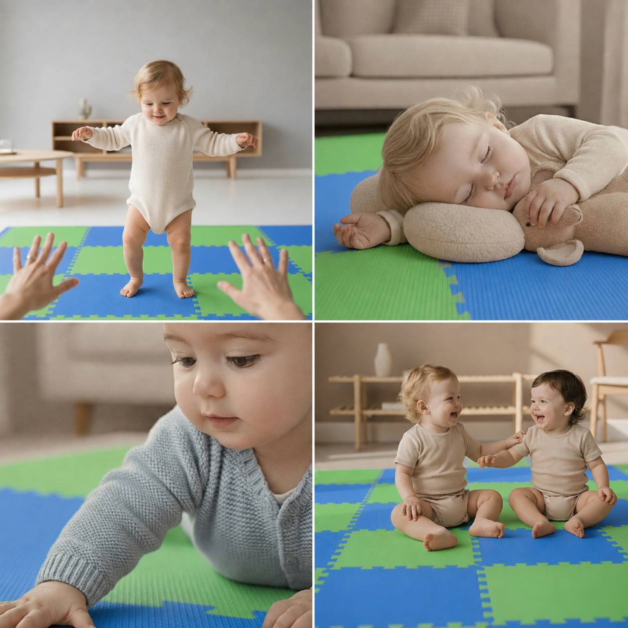 Vier Fotos von Kleinkindern, die auf bunten Schaumstoffmatten spielen: eines zeigt ein Kind, das laufen lernt, mit ausgestreckten Händen, eines zeigt ein schlafendes Kind, eines zeigt ein kriechendes Kind in Nahaufnahme und zwei zeigen Kinder, die sitzen und zusammen lächeln.