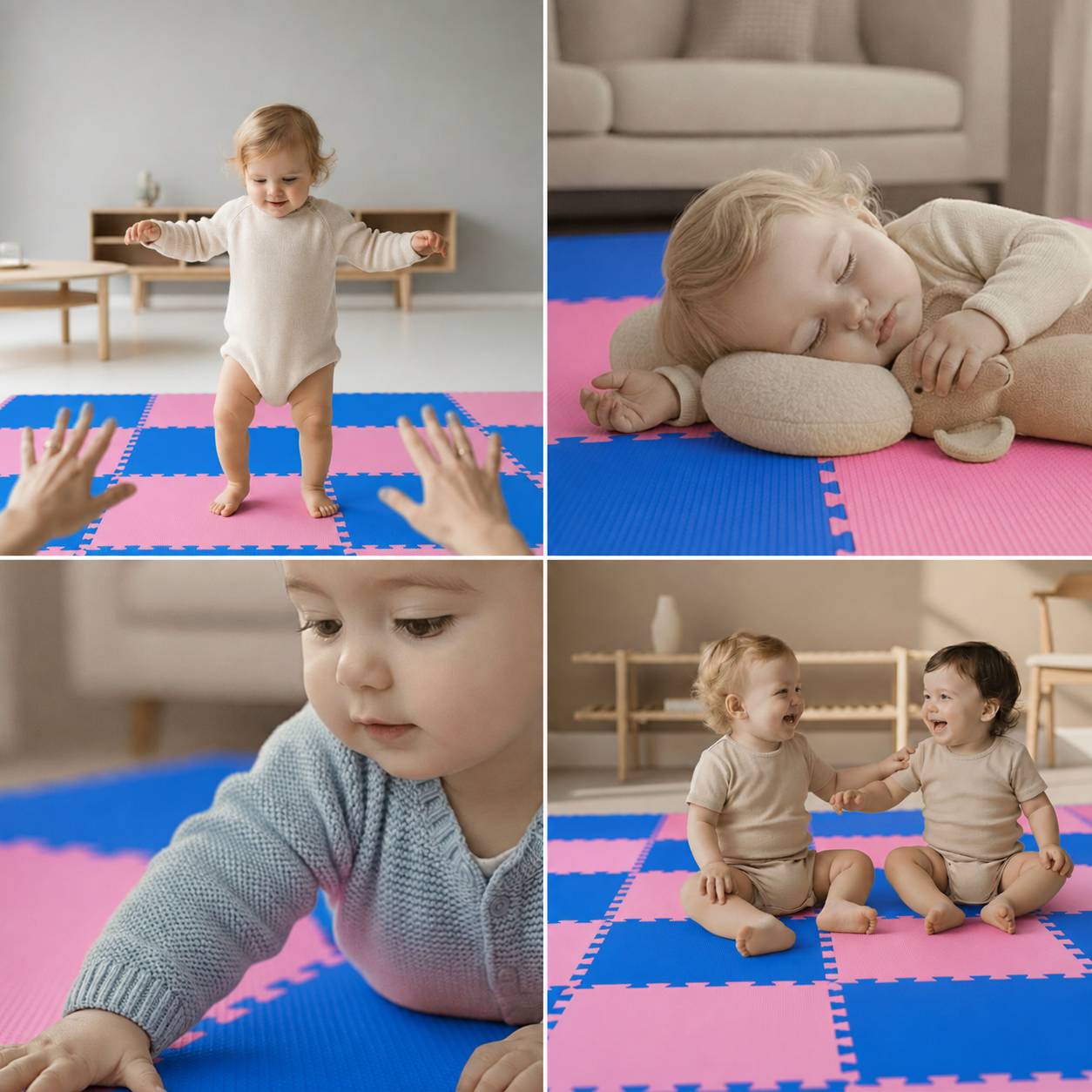Collage eines Babys auf Schaumstoffmatten: stehend mit Unterstützung, schlafend auf einem Kissen, krabbeln in Nahaufnahme, und zwei Kleinkinder sitzen und spielen zusammen.