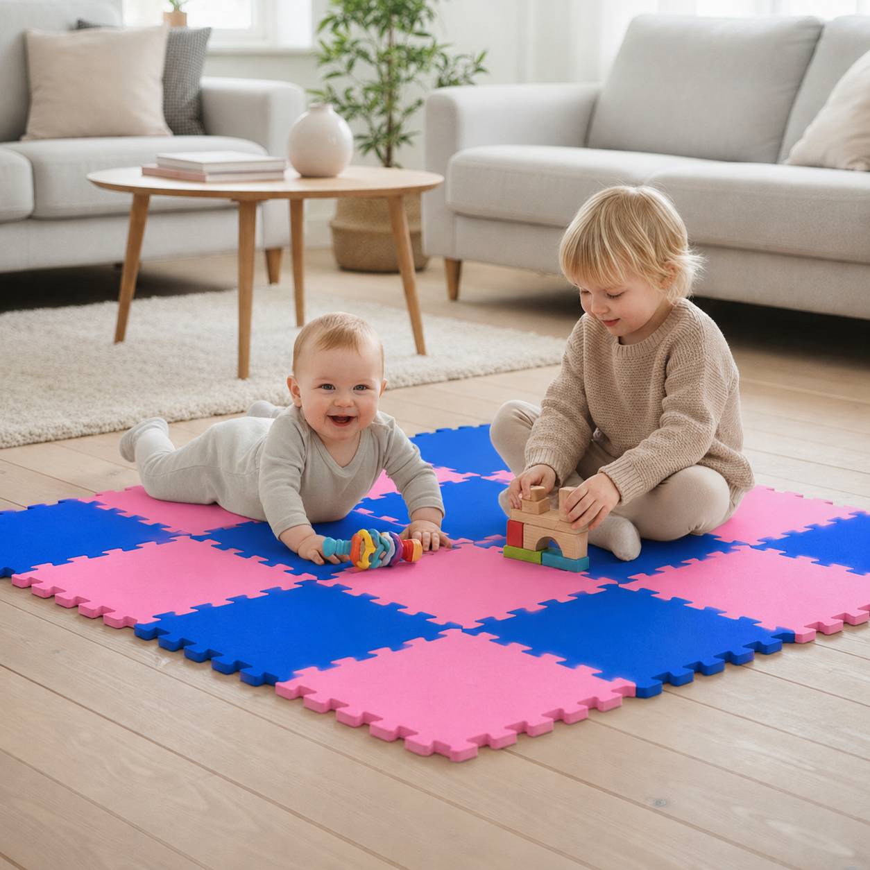 Zwei kleine Kinder spielen auf rosa und blauen Schaumstoffmatten in einem Wohnzimmer, eines liegt lächelnd da und das andere baut mit Bauklötzen.
