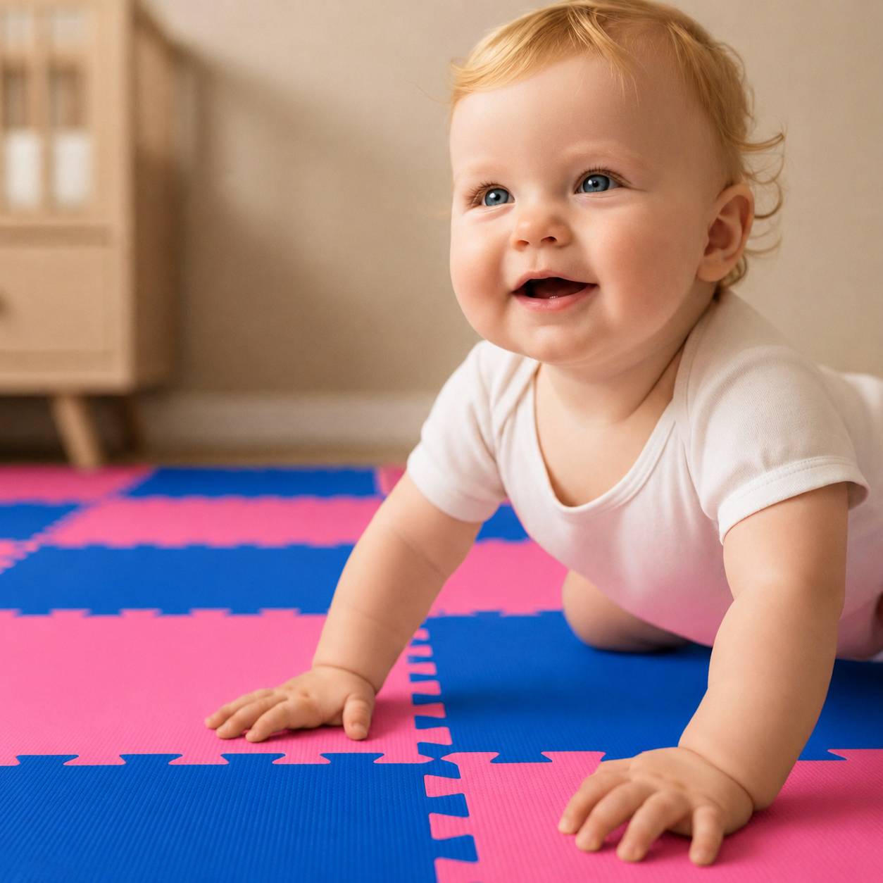 Ein lächelndes Baby kriechend auf einer blau- und rosafarbenen Schaumstoff-Spielmatte in Innenräumen.