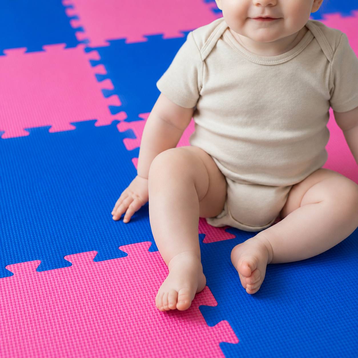 Baby sitzt auf rosafarbener und blauer Schaumstoff-Puzzle-Spielmatte, oben am Gesicht und Oberkörper beschnitten.