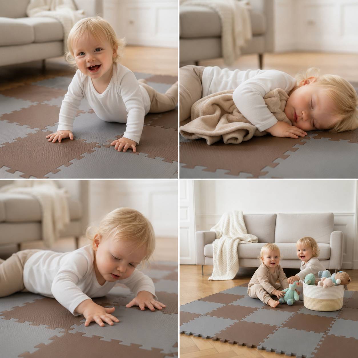 Vier Fotos eines blonden Kleinkindes auf einer Schaumstoff-Spielmatte: kriechend, schlafend, greifend und sitzend neben einem anderen Kind neben einem Spielzeugkorb in einem Wohnzimmer.
