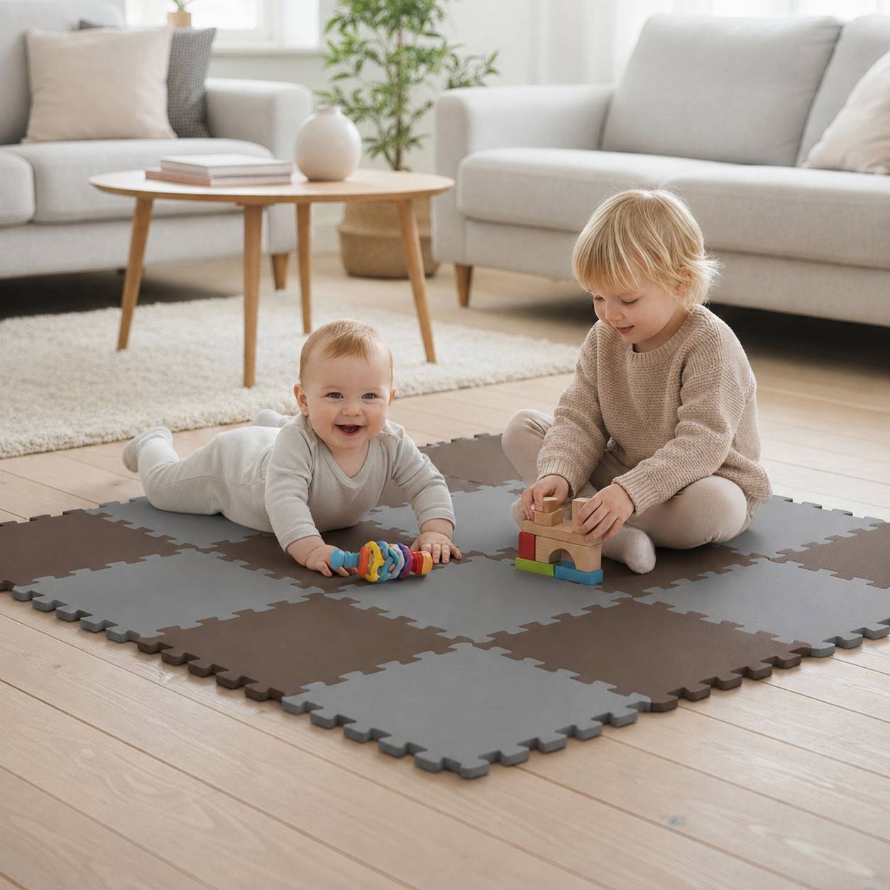 Zwei kleine Kinder spielen auf Schaumstoffmatten in einem hellen Wohnzimmer, eines krabbelt mit einem Spielzeug und das andere stapelt Holzblöcke.