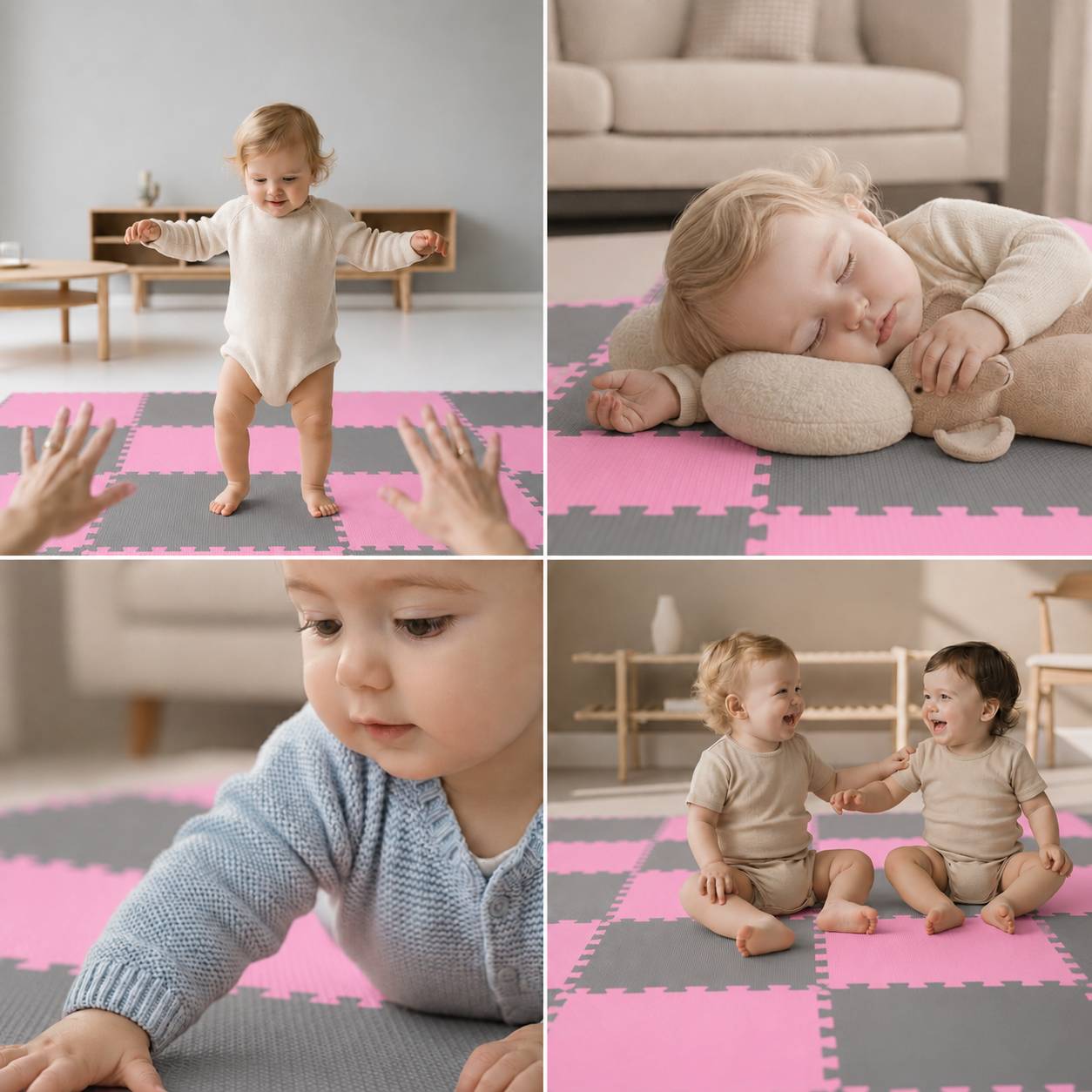 Collage von Kleinkindern, die auf rosa-grauen Schaumstoffmatten spielen: ein Baby läuft, schläft und krabbelt, und zwei Kinder sitzen lächelnd zusammen in einem Wohnzimmer.