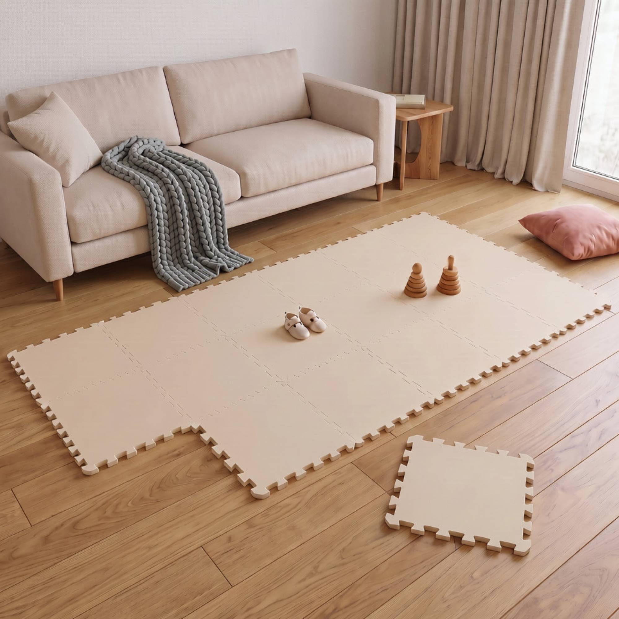 Ein Wohnzimmer mit einem beigefarbenen Sofa, einem Holz-Beistelltisch, Vorhängen und Schaumstoff-Spielmatten auf dem Boden mit Babyspielzeugen und einem rosa Kissen.