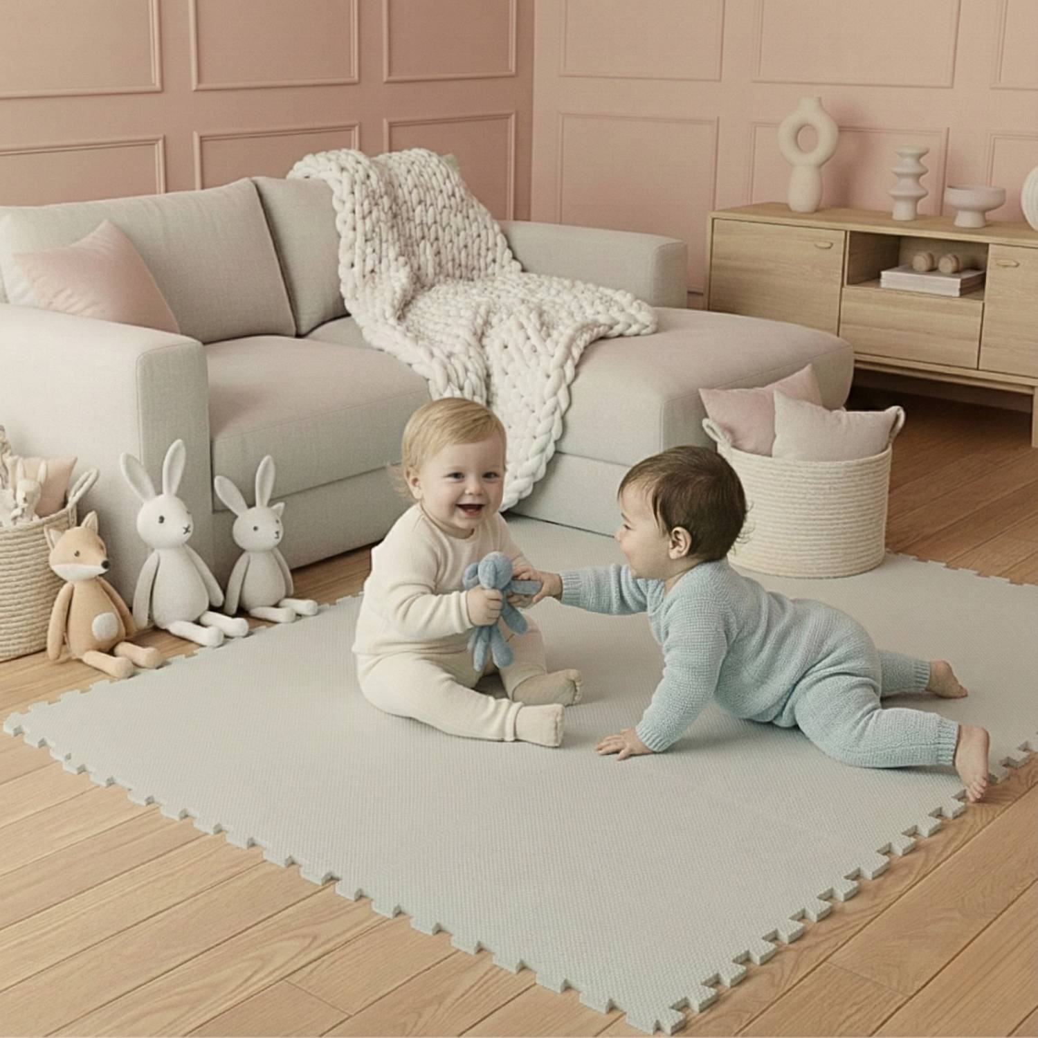 Zwei Babys spielen auf einer weichen Matte in einem gemütlichen Wohnzimmer mit Plüschtieren und einem Sofa. Der Raum hat neutrale Töne und eine warme Atmosphäre.