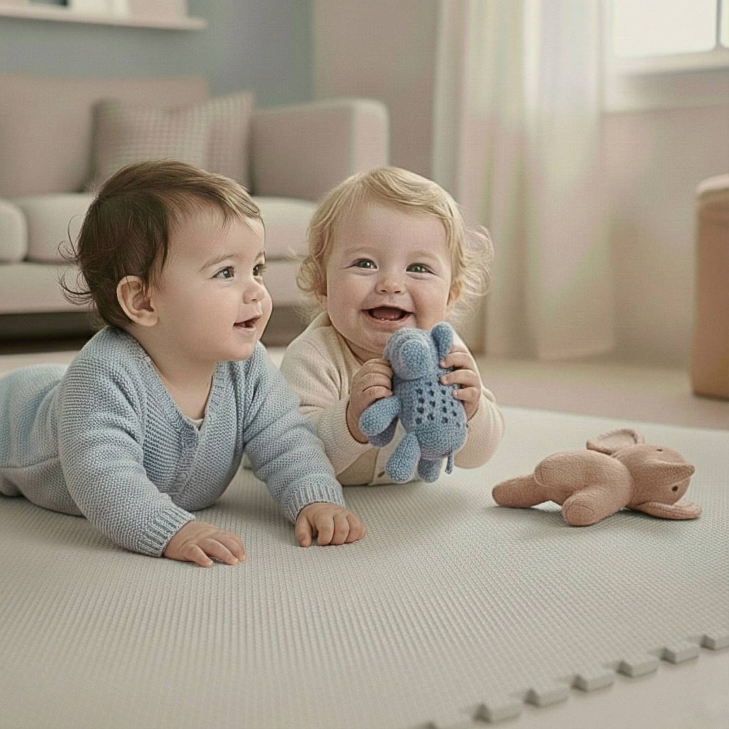 Zwei lächelnde Kleinkinder drinnen auf einer weichen Matte, umgeben von Plüschtieren. Eines hält ein gehäkeltes blaues Elefantenspielzeug. Helle Raumatmosphäre.