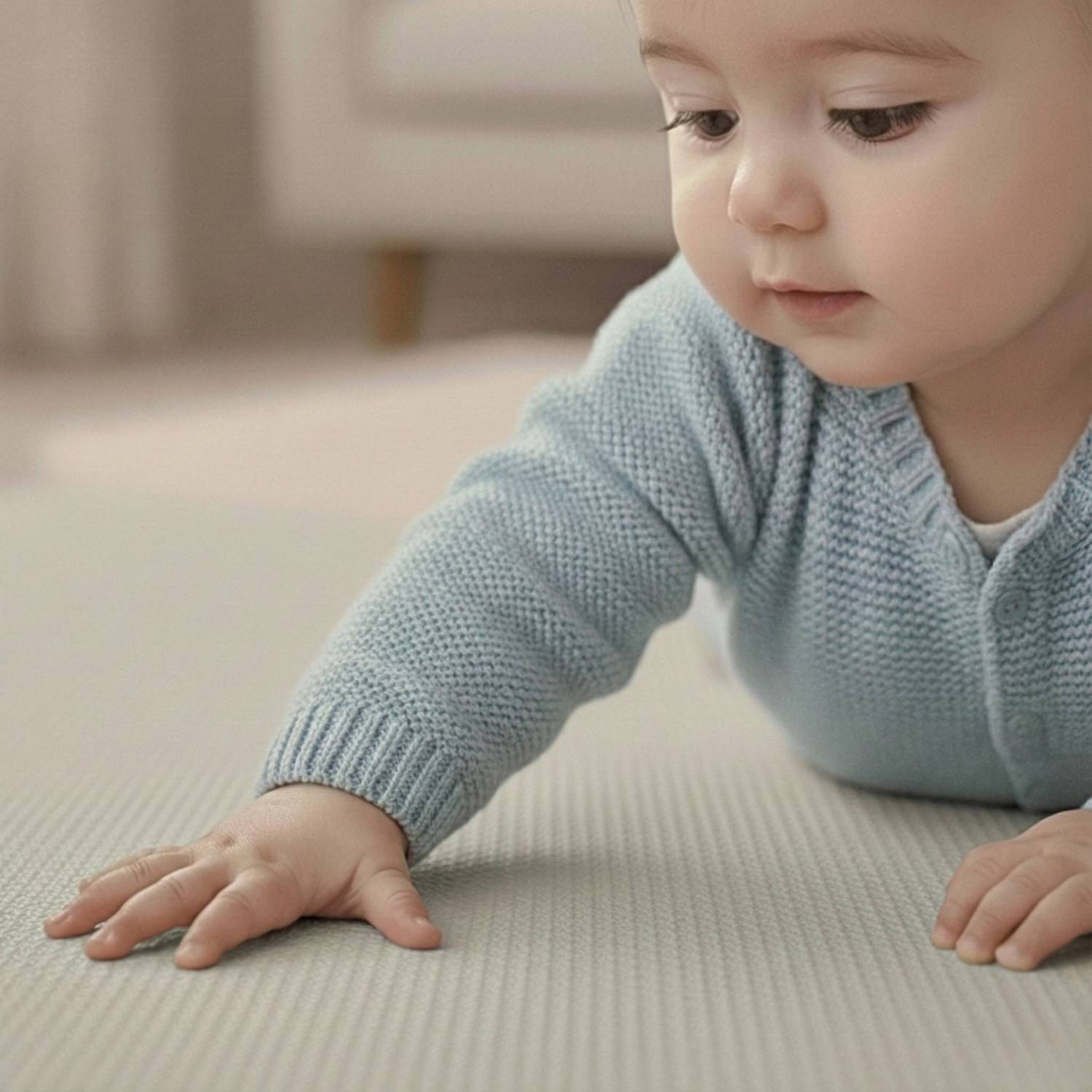Ein Baby in einem hellblauen Pullover kriecht auf einem weichen, hellgefärbten Teppich in einer gemütlichen Inneneinrichtung. Das Baby wirkt neugierig und konzentriert.