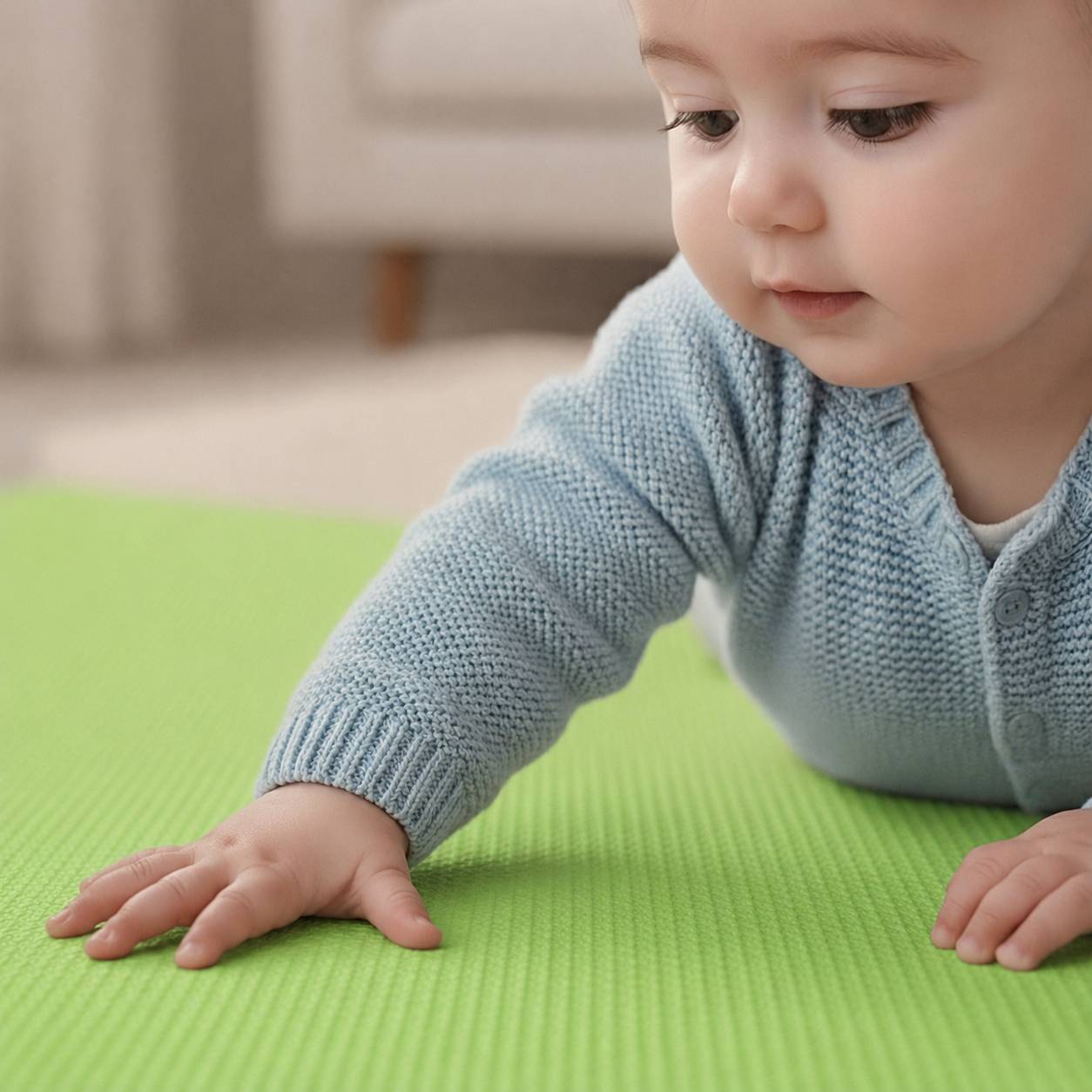 Ein Baby in einem blauen Pullover liegt auf einer grünen Matte und streckt eine Hand nach vorne aus.