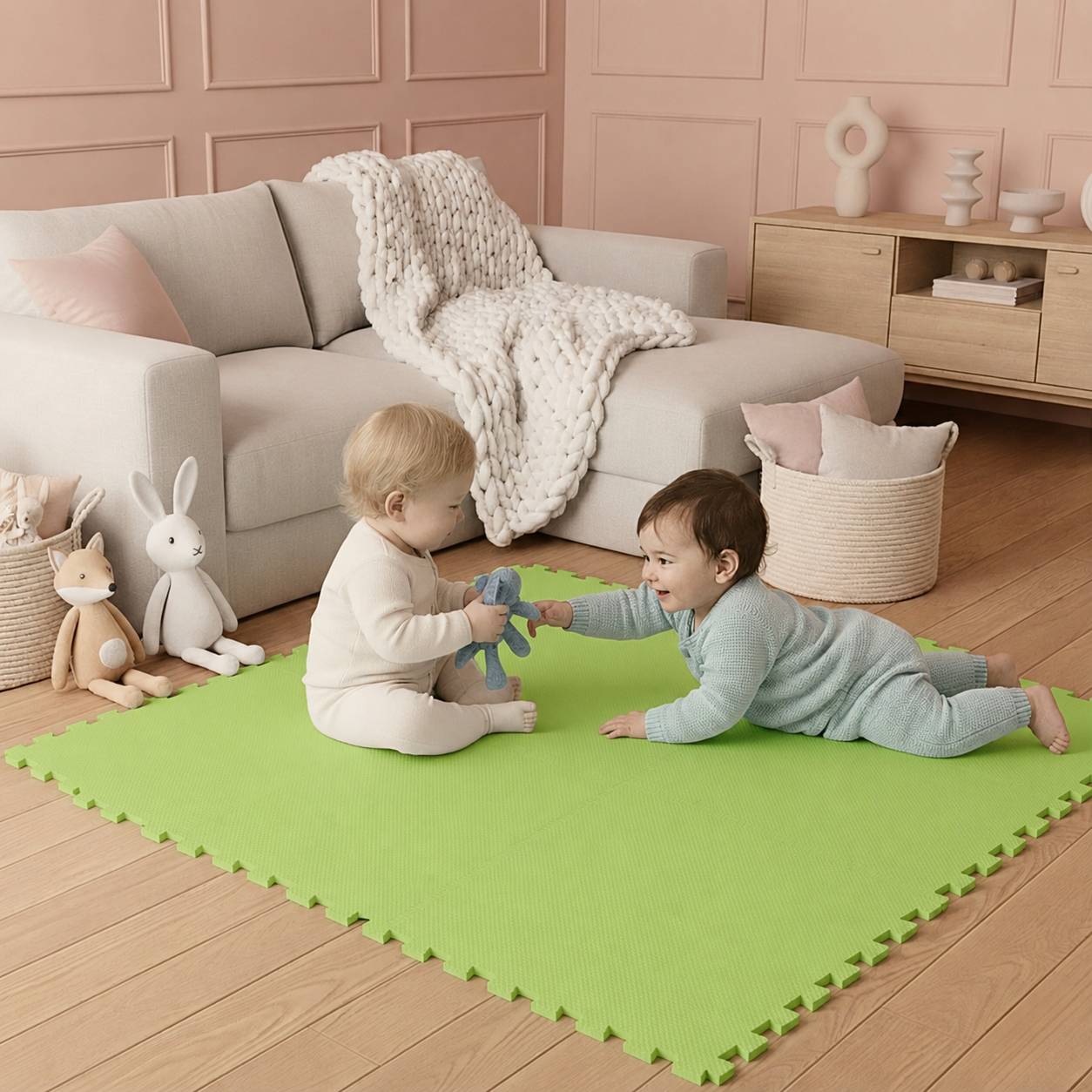 Zwei Kleinkinder spielen mit einem Spielzeug auf einer grünen Schaumstoffmatte in einem gemütlichen Wohnzimmer mit einem Sofa, Kuscheltieren und einem Korb.