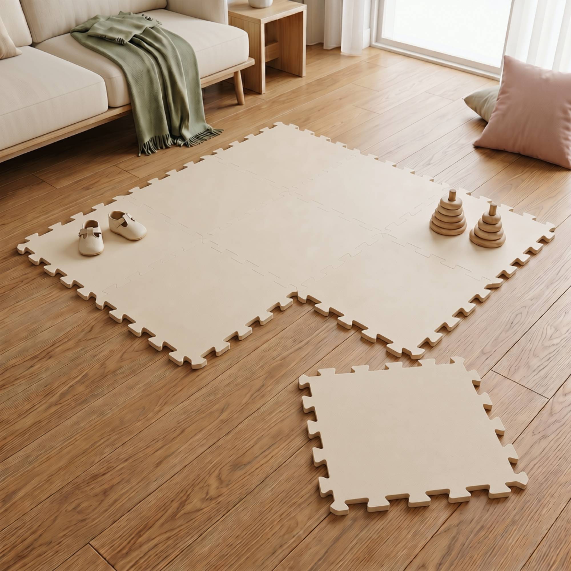 Holzboden mit beigen verschlungenen Schaumstoff-Spielmatten in einem Wohnzimmer ausgelegt, mit Kinderschuhen und Stapelspielzeugen in der Nähe.
