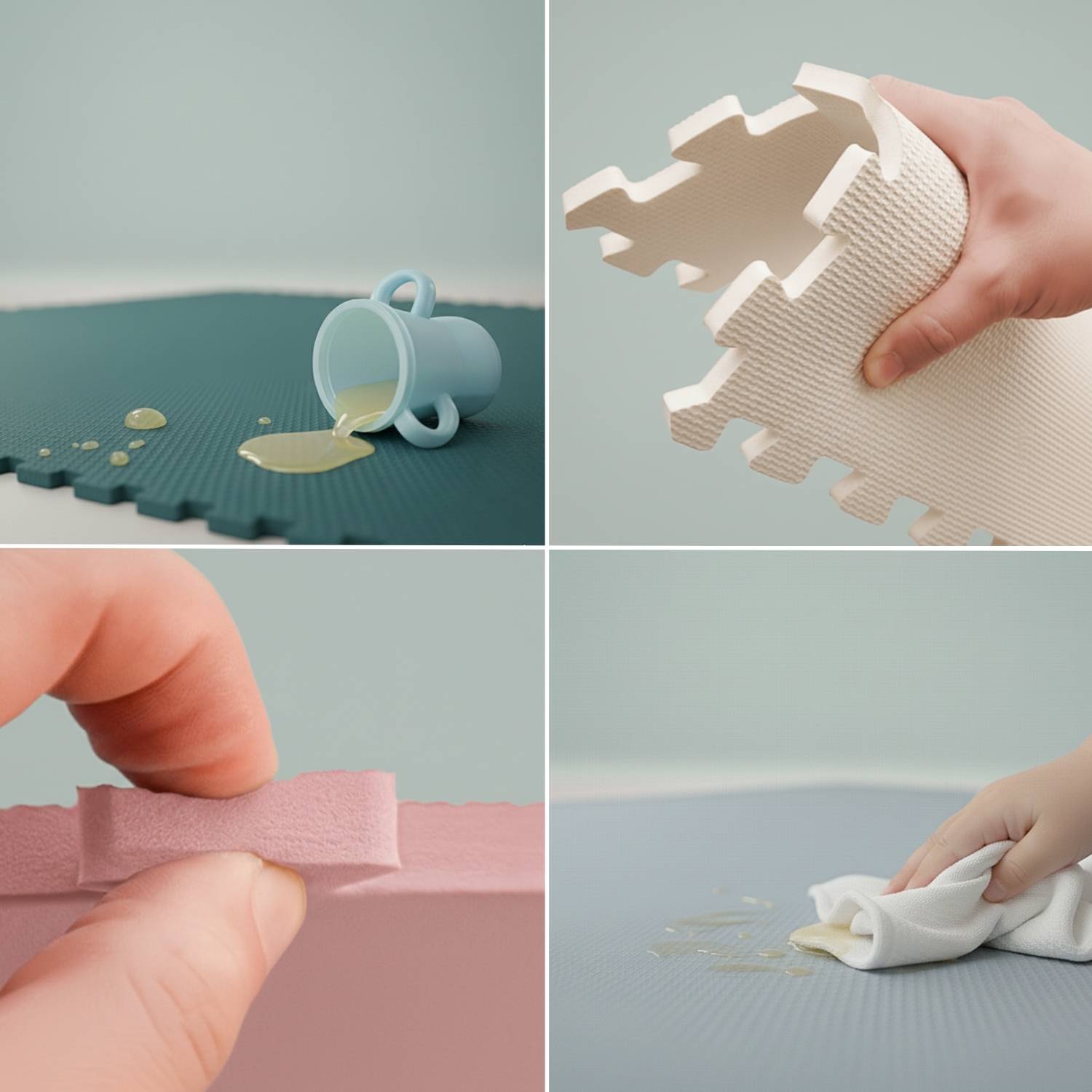 Vier Bilder, die eine Matte zeigen, auf der Flüssigkeit verschüttet, abgewischt und angehoben wird, um ihre wasserdichte und leicht zu reinigende Eigenschaften zu demonstrieren.