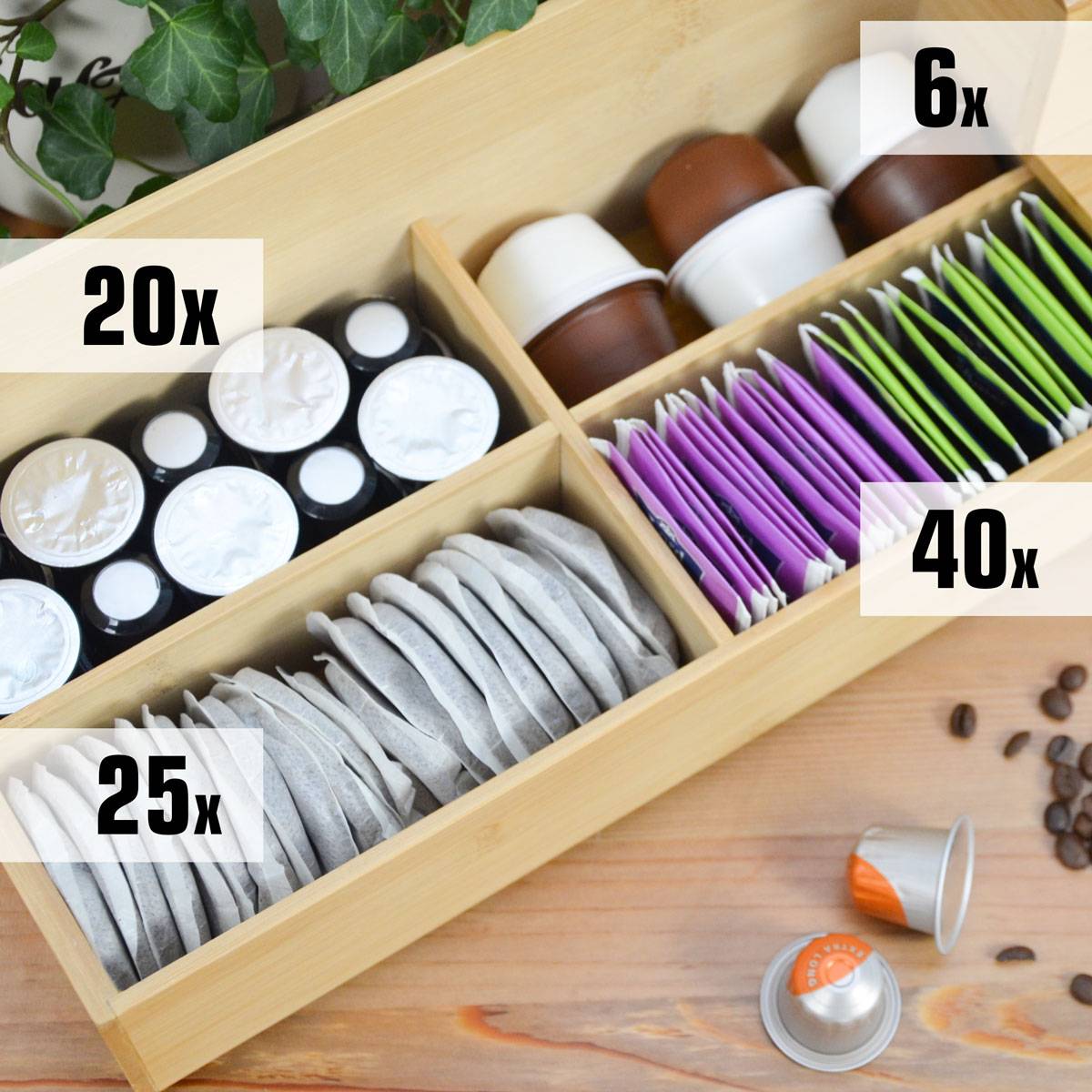 Kaffee und Tee Bambus Box 36x17x16 Kaffeekapsel Organizer Holz Teebox Schublade