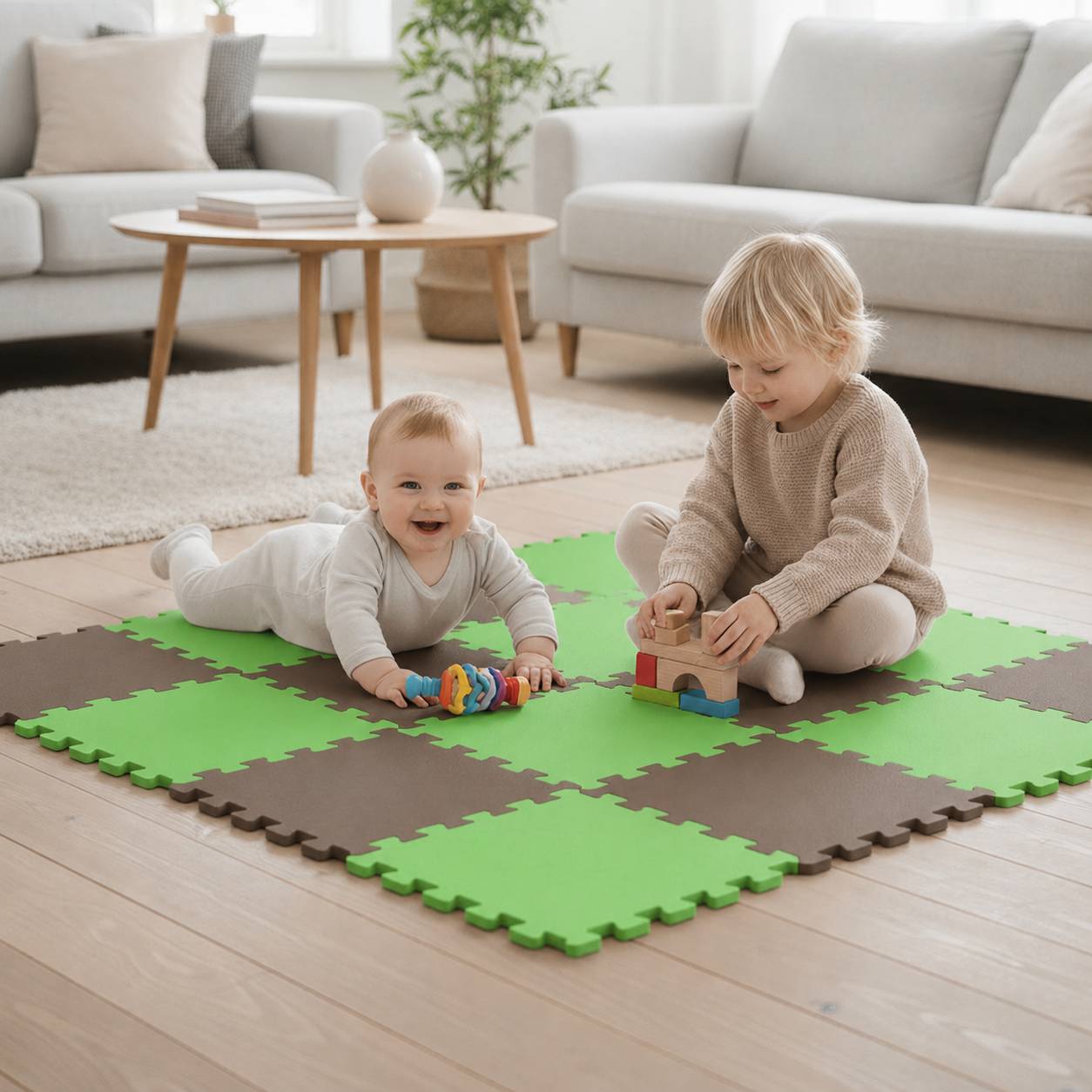 Zwei kleine Kinder spielen auf einer Schaumstoffmatte in einem hellen Wohnzimmer; eines lächelt, während es liegt, das andere stapelt Spielzeugbausteine.