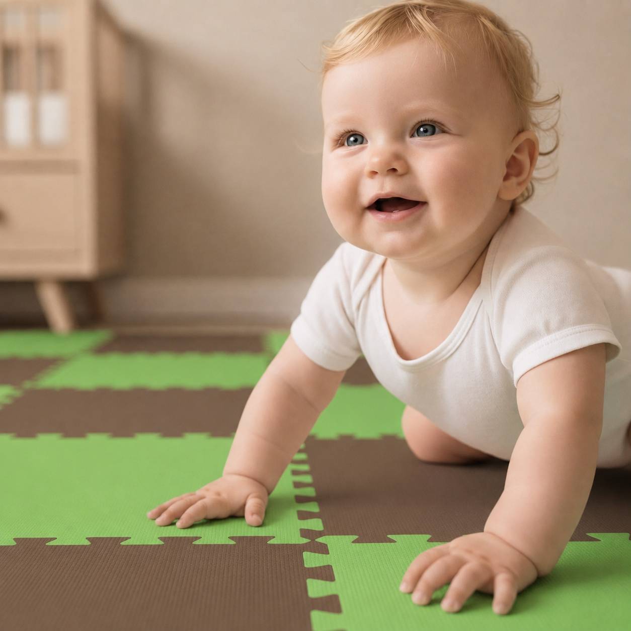 Lächelndes Baby krabbelt auf Schaumstoff-Spielmatten im Innenbereich.